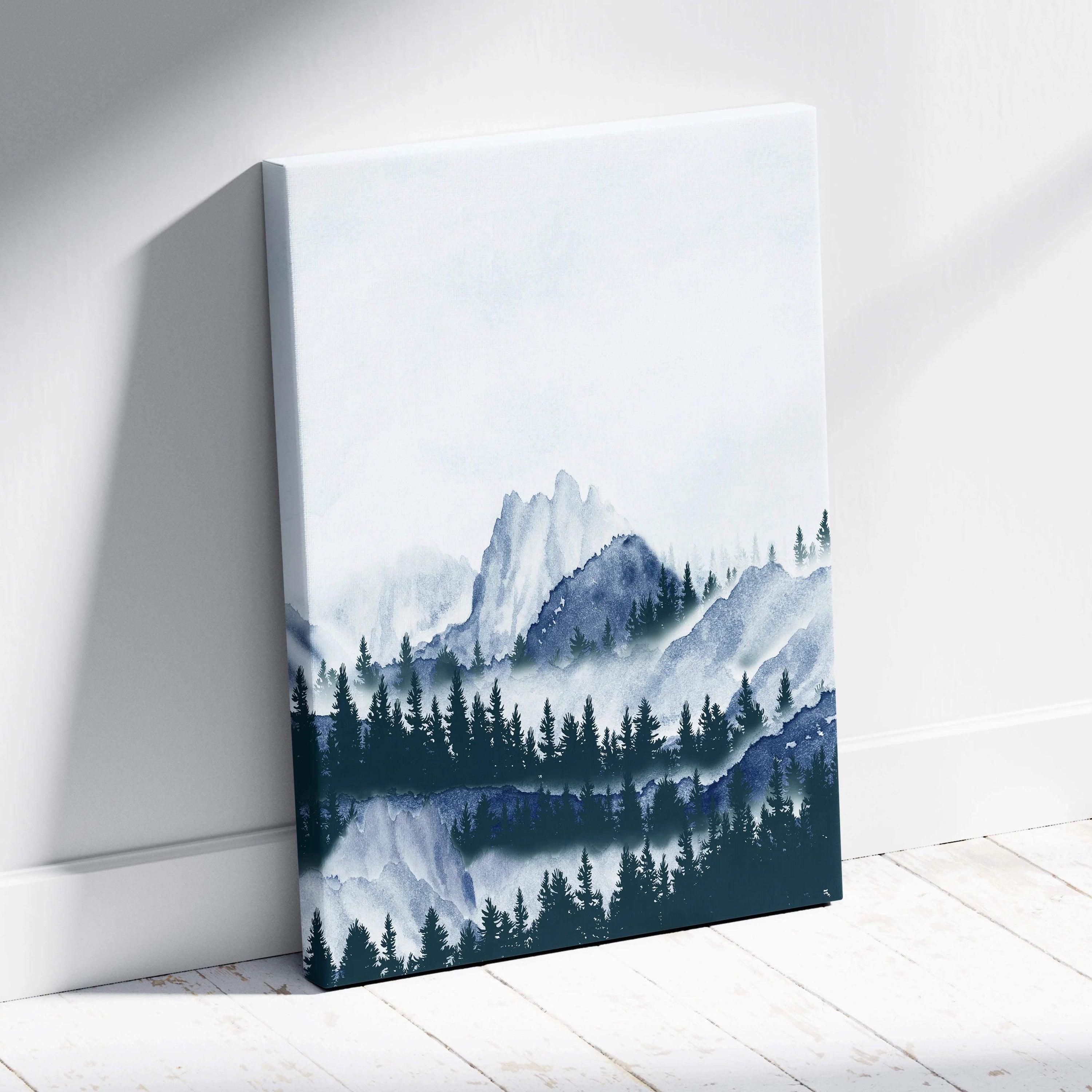 Misty watercolor mountain landscape with pine forest silhouettes in cool blue gray teal canvas art