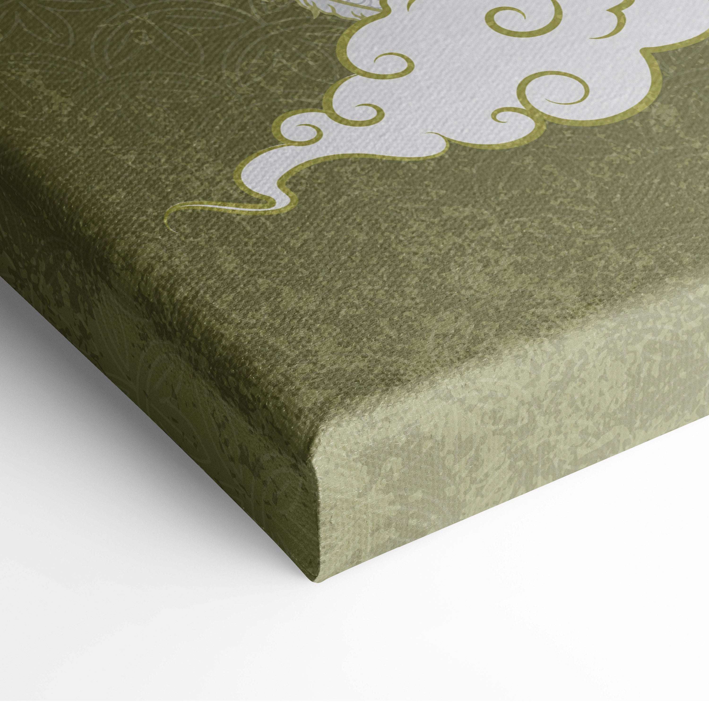 Olive green textured canvas print with ornate white cloud design and gold trim for japanese dragon wall art decor