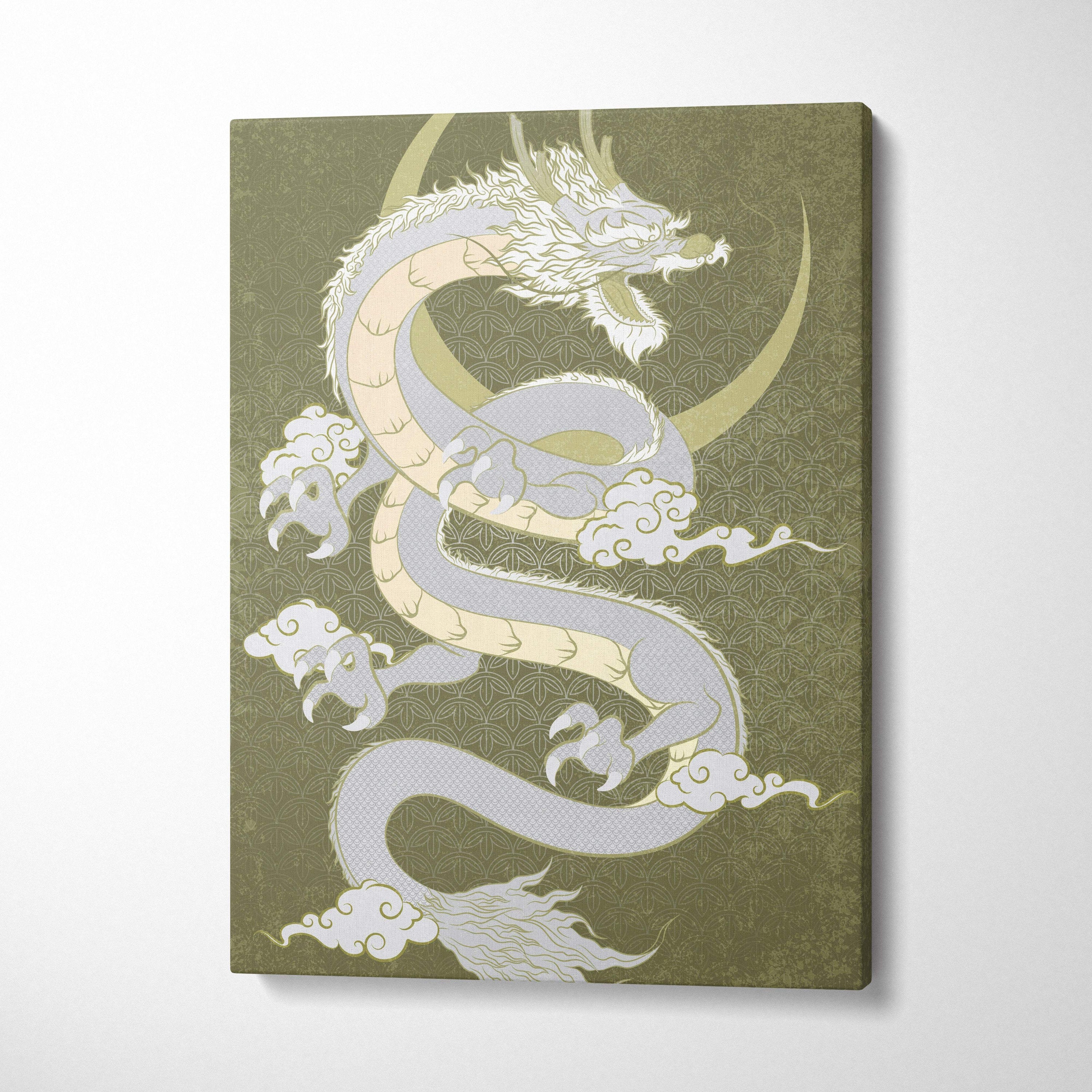 Green japanese dragon canvas wall art with stylized white cream dragon coiled on gold crescent moon on olive background