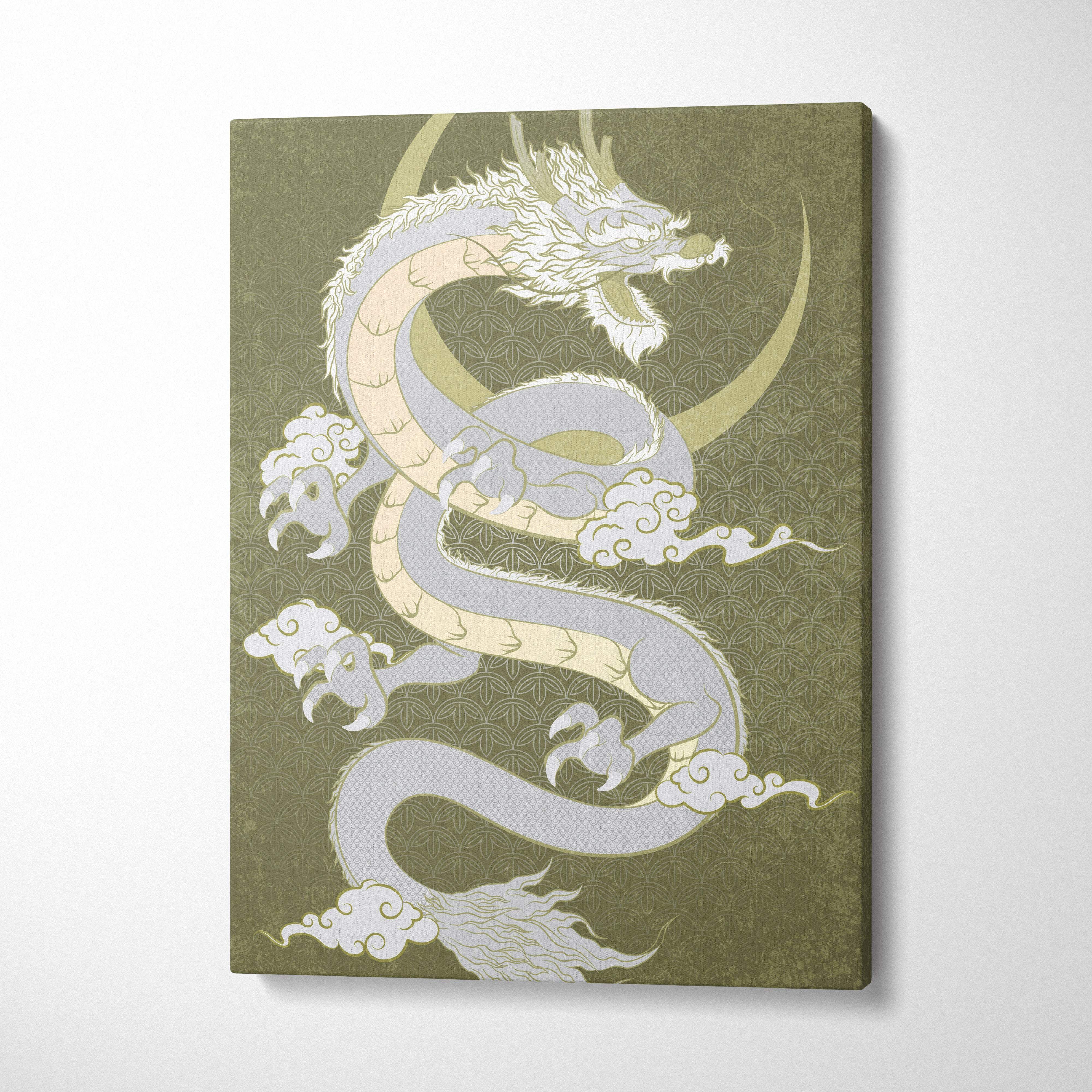 Green japanese dragon canvas wall art with stylized white cream dragon coiled on gold crescent moon on olive background