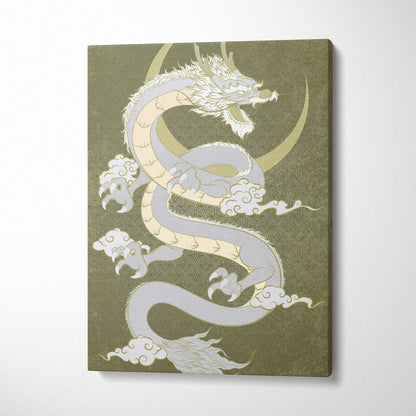 Green japanese dragon canvas wall art with stylized white cream dragon coiled on gold crescent moon on olive background
