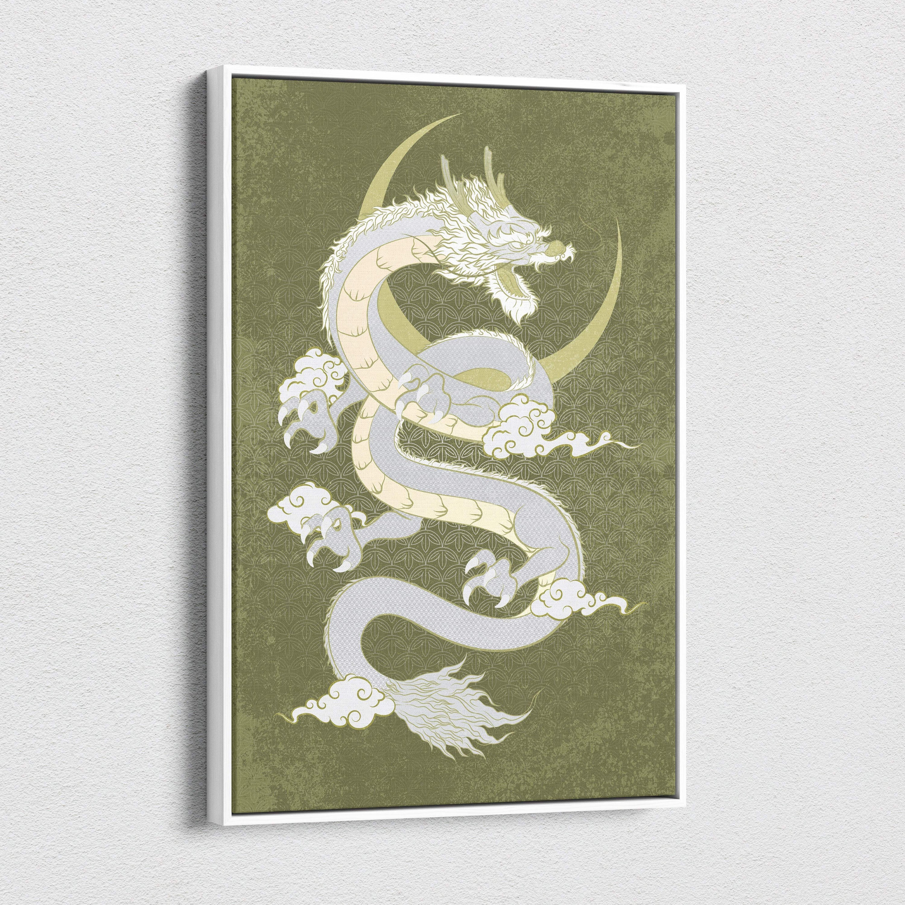 A framed canvas print of a white and cream dragon coiled around a gold crescent moon on olive green background