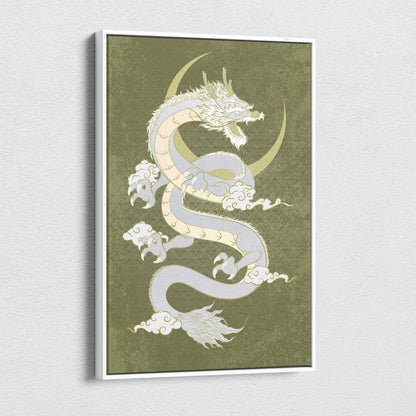 A framed canvas print of a white and cream dragon coiled around a gold crescent moon on olive green background