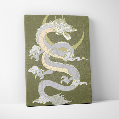 Olive green canvas wall art featuring a white and cream Japanese dragon coiled around a gold crescent moon with intricate patterns
