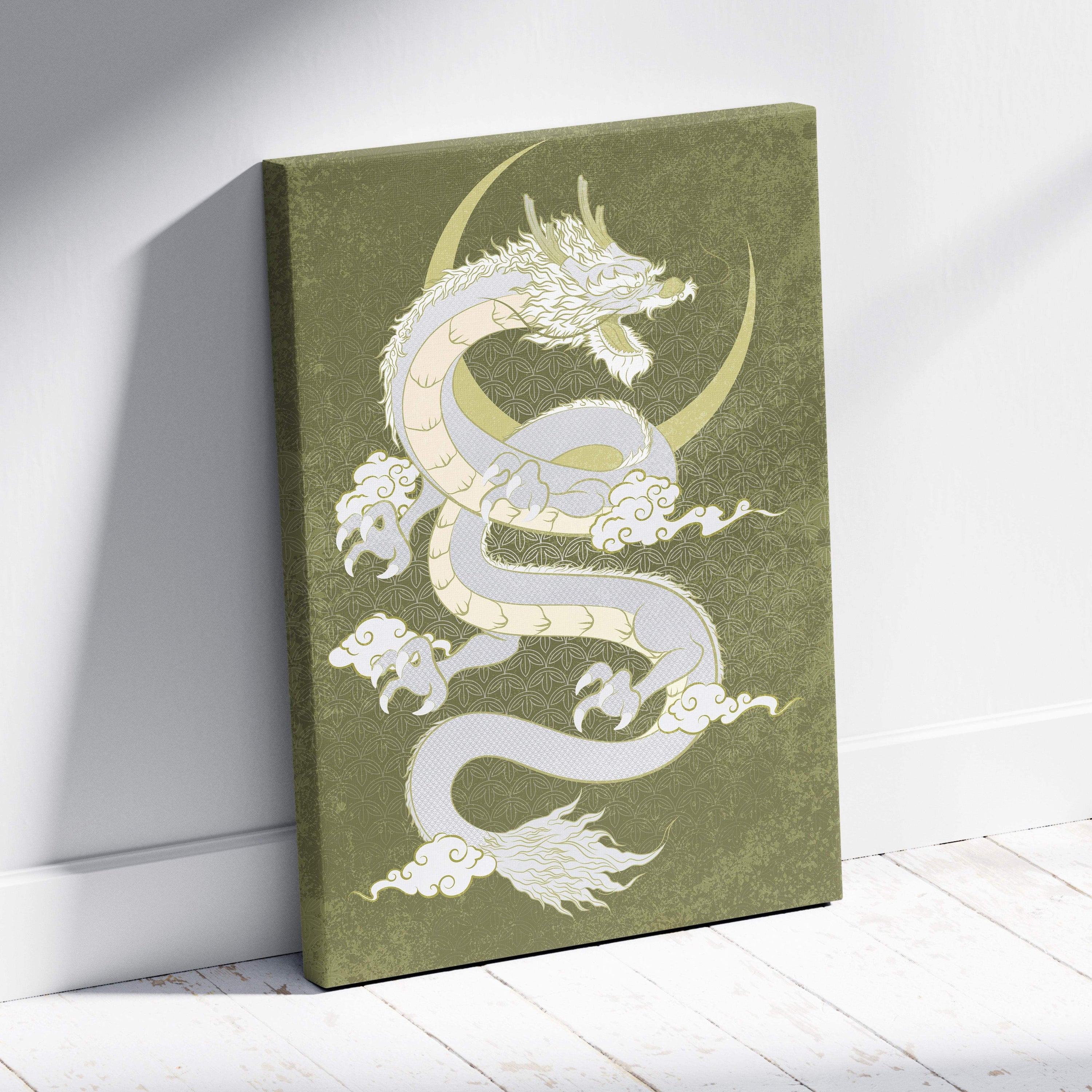 Olive green canvas wall art featuring a stylized white dragon coiled around a gold crescent moon with a subtle pattern