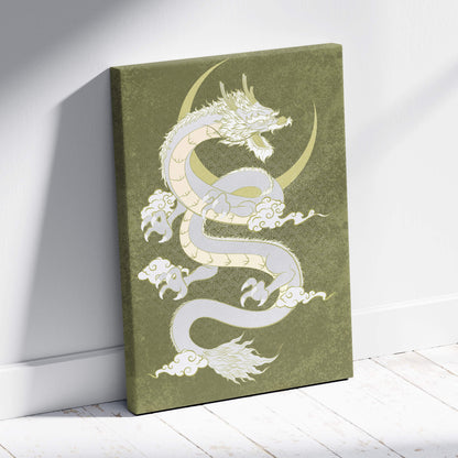 Olive green canvas wall art featuring a stylized white dragon coiled around a gold crescent moon with a subtle pattern
