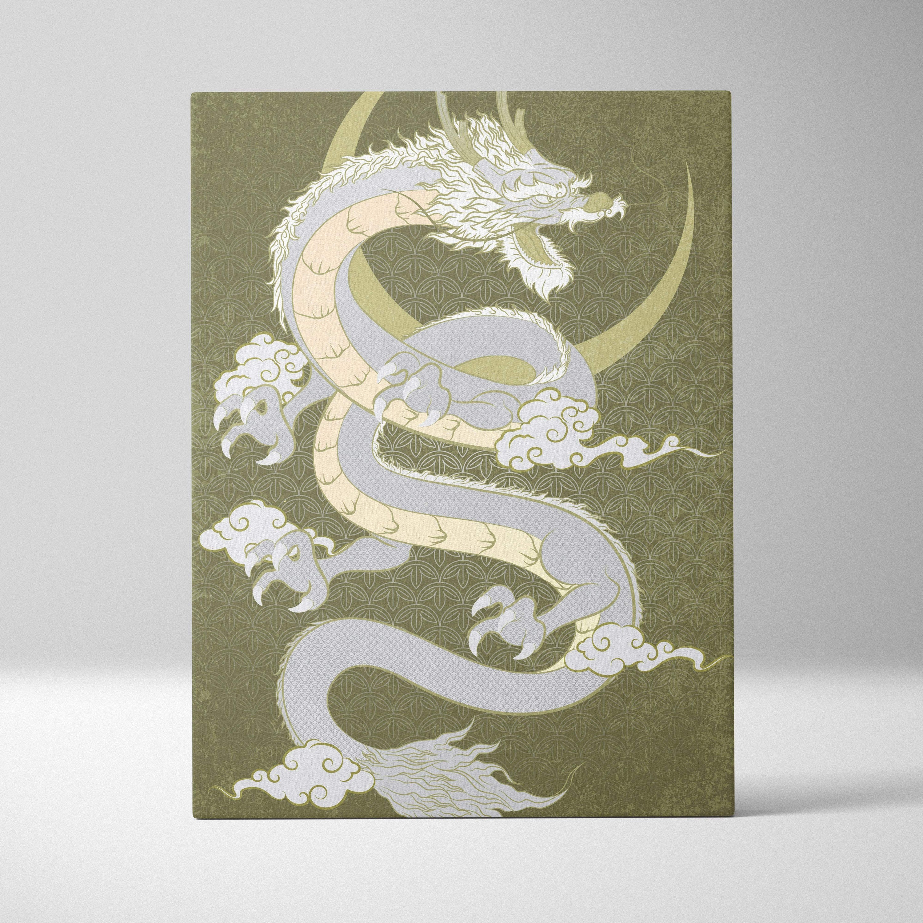 Green japanese dragon canvas wall art with white dragon and gold moon on olive green geometric background for room decor