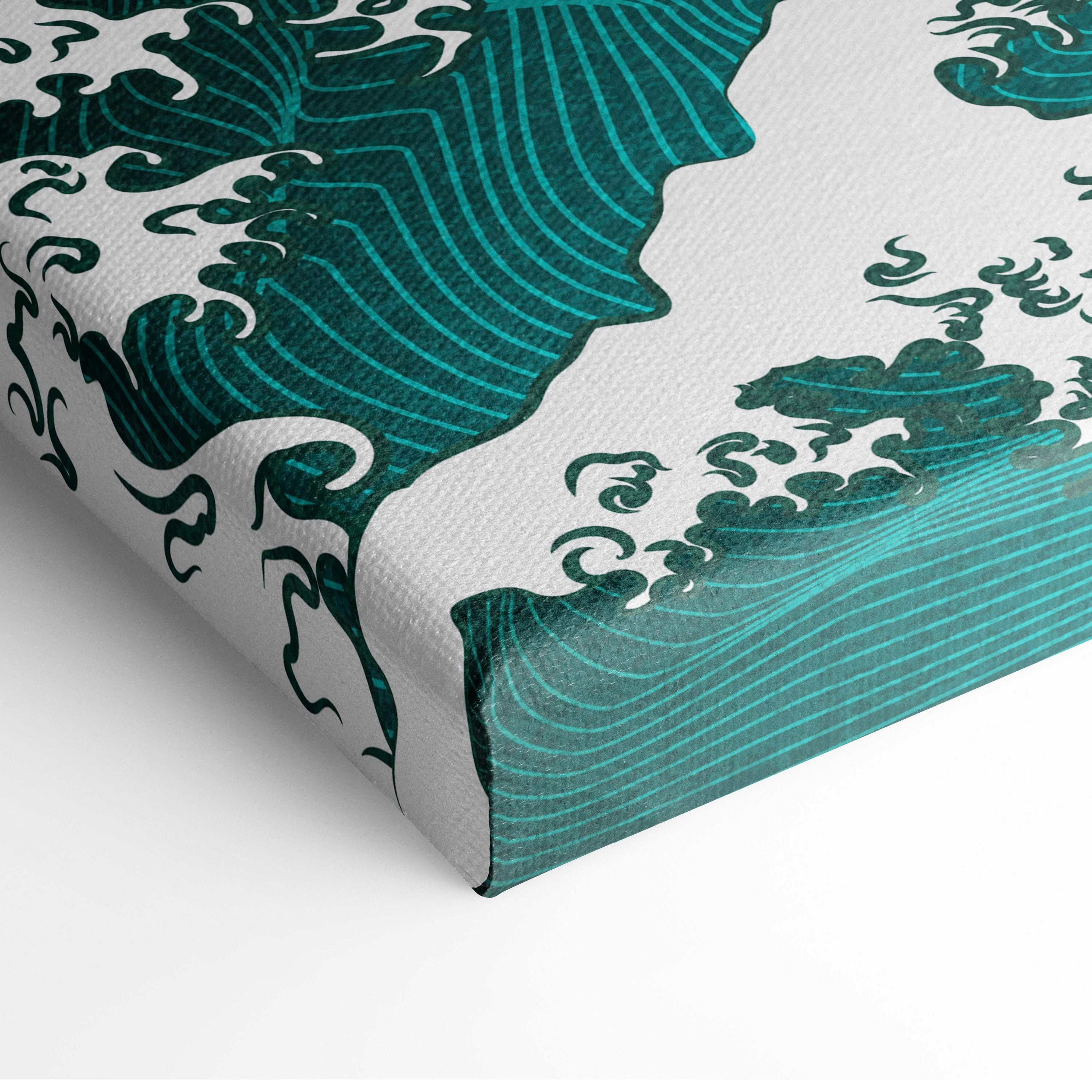 Teal and white wave-patterned canvas print with textured gallery-wrapped finish for green japanese dragon wave wall art