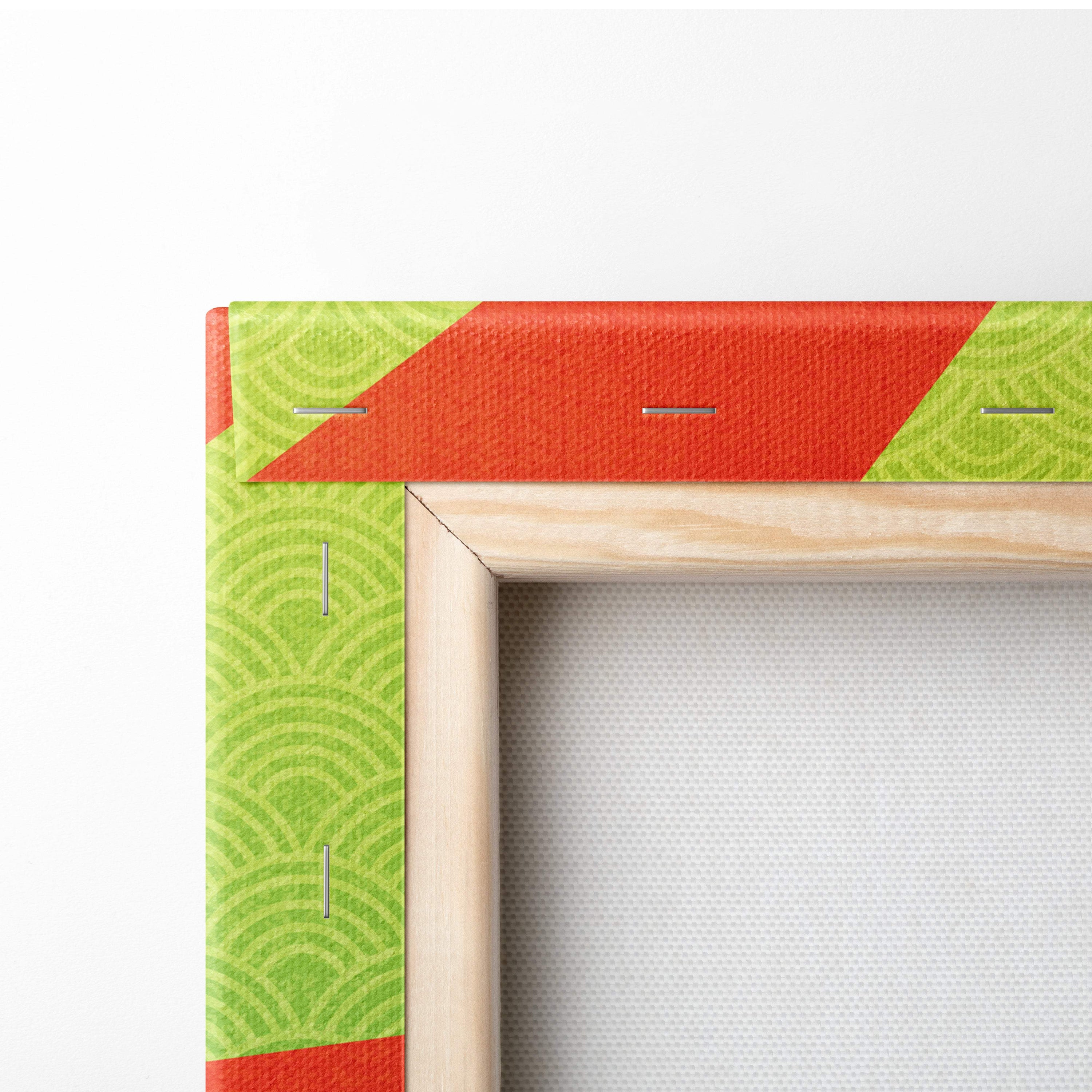 Green Japanese dragon wave canvas wall art with light wood frame and bold orange lime green fabric accents for living room
