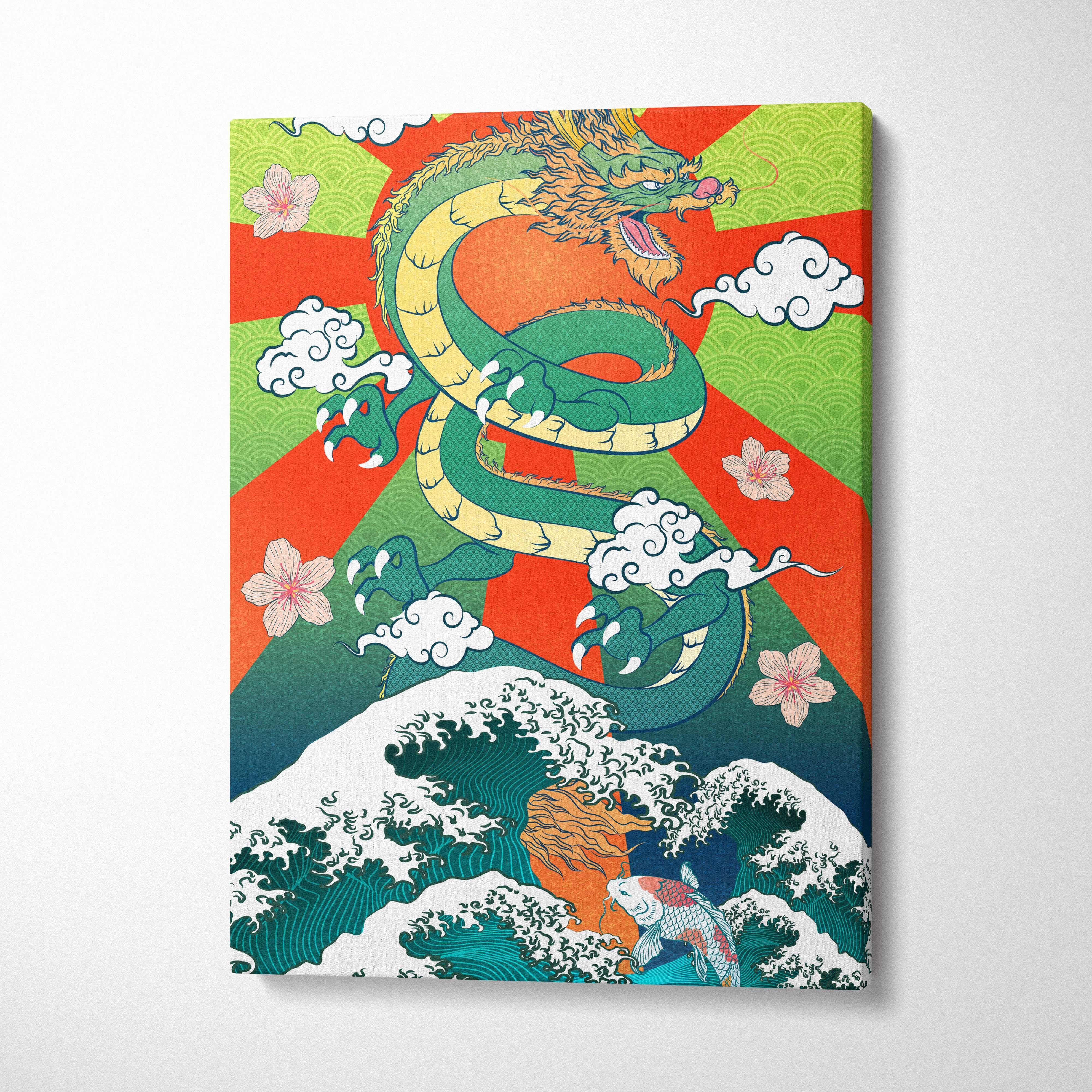 Green japanese dragon wave canvas wall art with vibrant orange lime accents and traditional japanese wave patterns