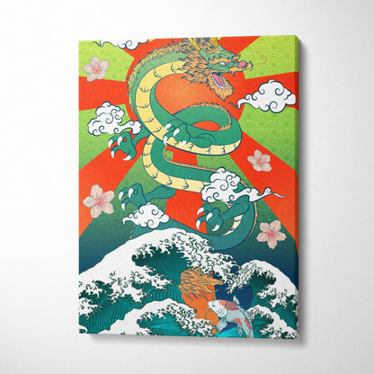 Green japanese dragon wave canvas wall art with vibrant orange lime accents and traditional japanese wave patterns