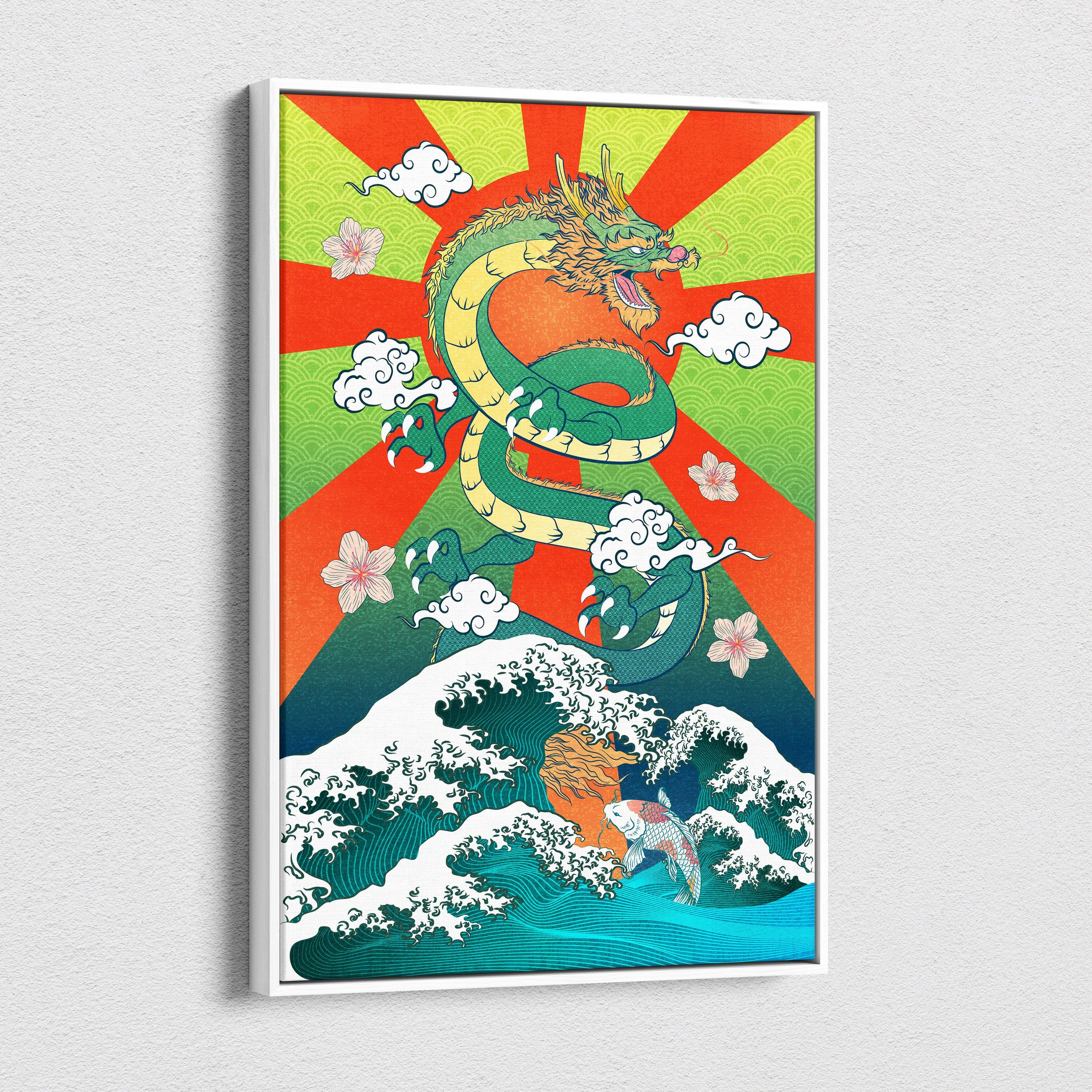 Vibrant green and gold dragon canvas wall art with turquoise waves and red sun koi design for game or living room decor