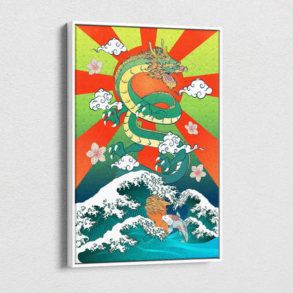 Vibrant green and gold dragon canvas wall art with turquoise waves and red sun koi design for game or living room decor