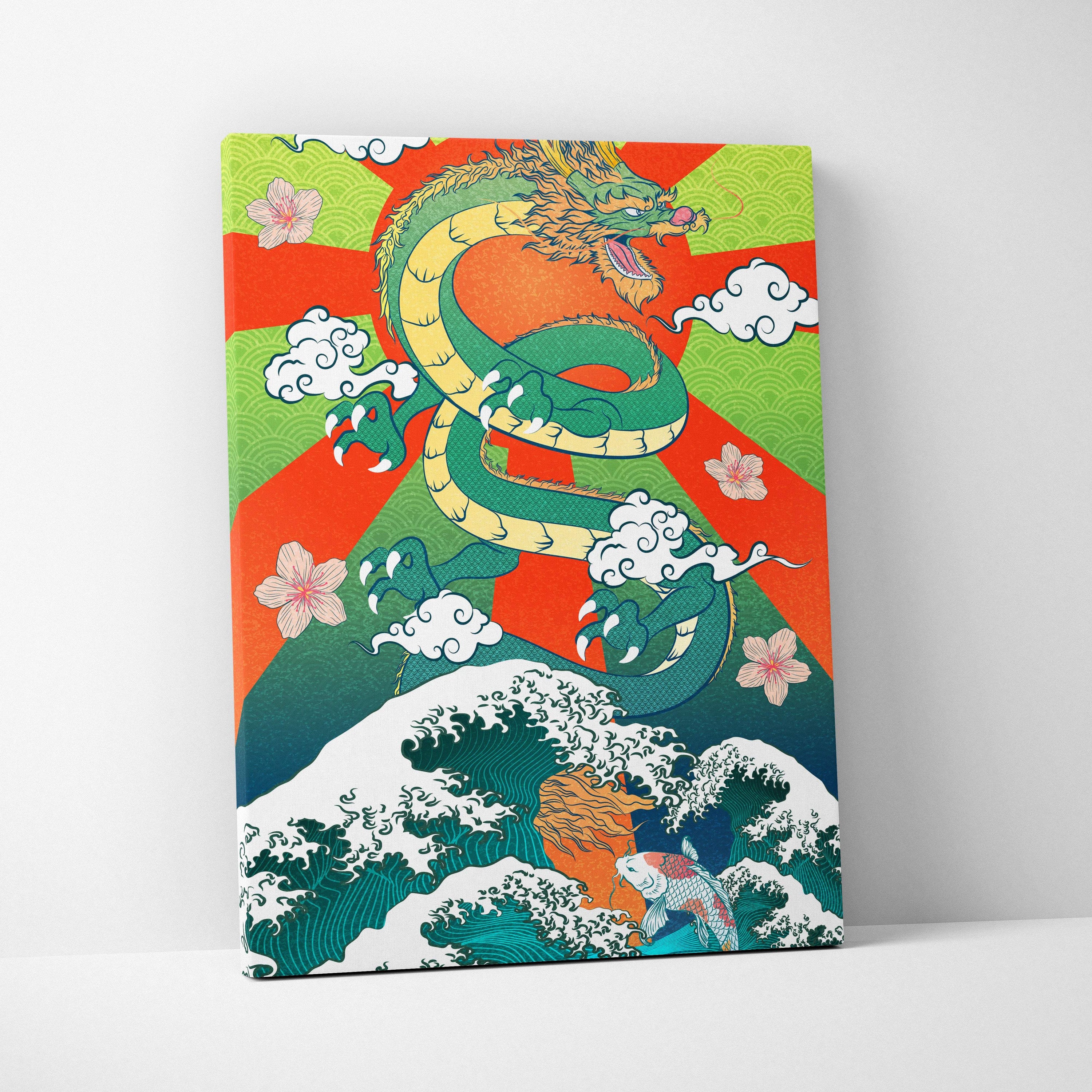 Vibrant green japanese dragon wave canvas wall art with gold accents pink cherry blossoms and swirling clouds on lime background