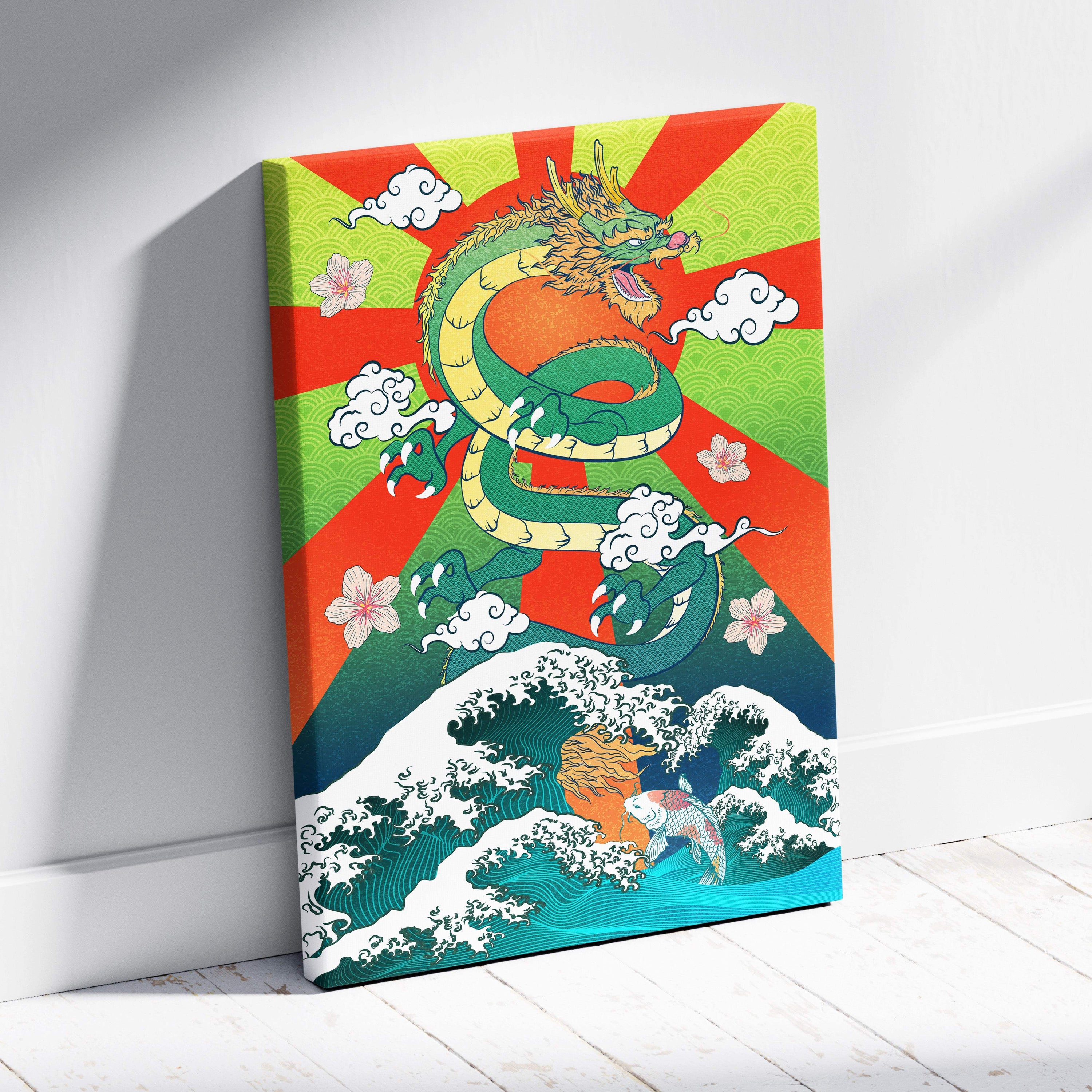 Vibrant green japanese dragon canvas print with red sunburst background, cherry blossoms, clouds, and teal ocean waves