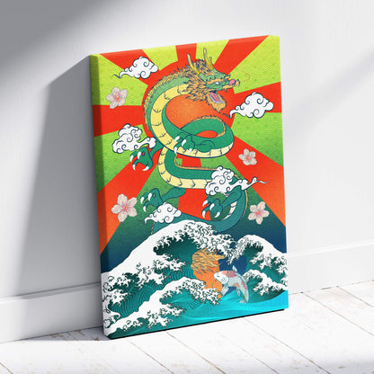 Vibrant green japanese dragon canvas print with red sunburst background, cherry blossoms, clouds, and teal ocean waves