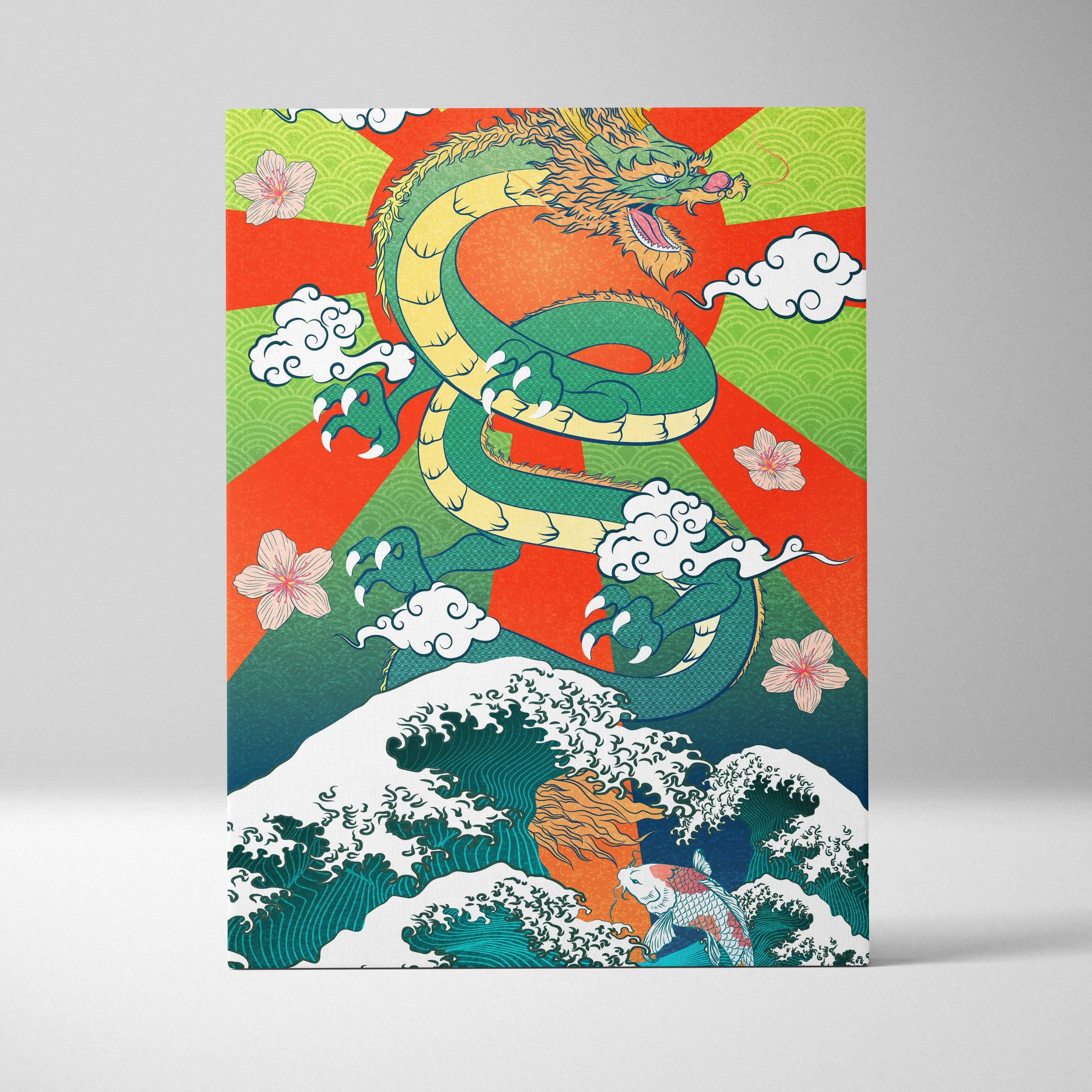 Green japanese dragon wave canvas wall art with vibrant gold koi fish cherry blossoms and red sun for game room decor