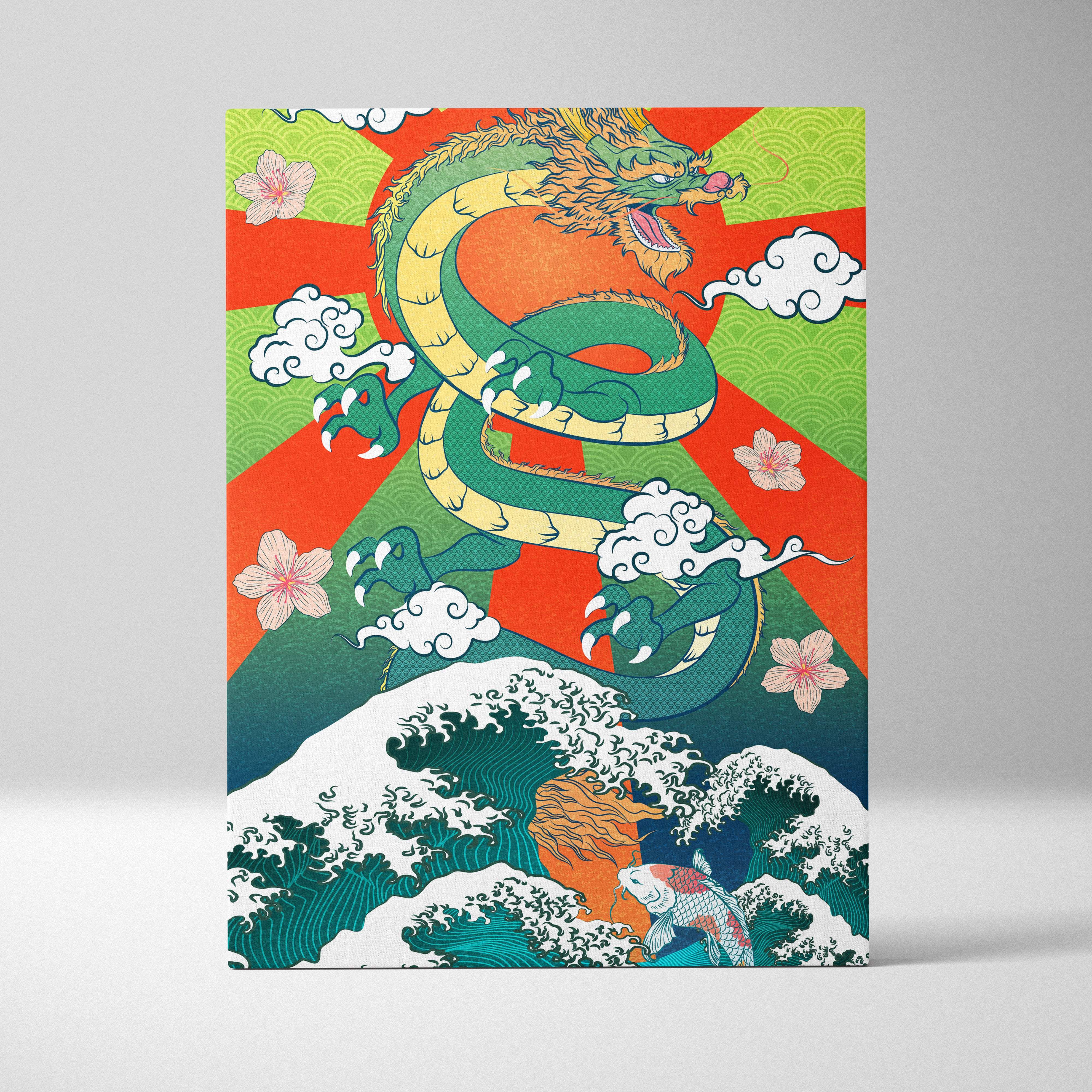 Green japanese dragon wave canvas wall art with vibrant gold koi fish cherry blossoms and red sun for game room decor