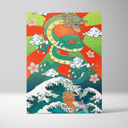 Green japanese dragon wave canvas wall art with vibrant gold koi fish cherry blossoms and red sun for game room decor