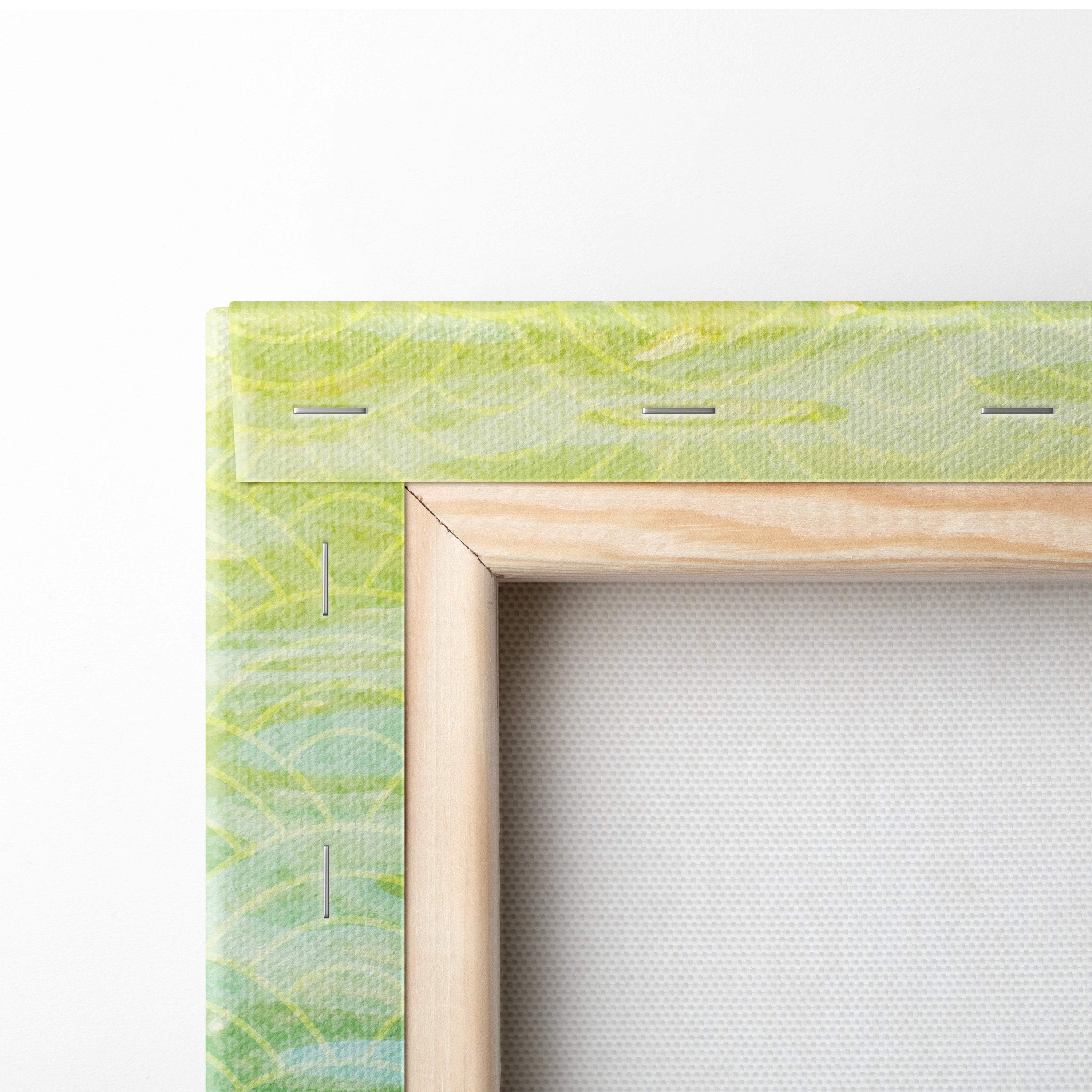 Koi fish pond canvas wall art with light green marbled texture and natural wood frame for zen bedroom decor
