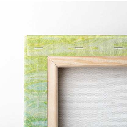 Koi fish pond canvas wall art with light green marbled texture and natural wood frame for zen bedroom decor