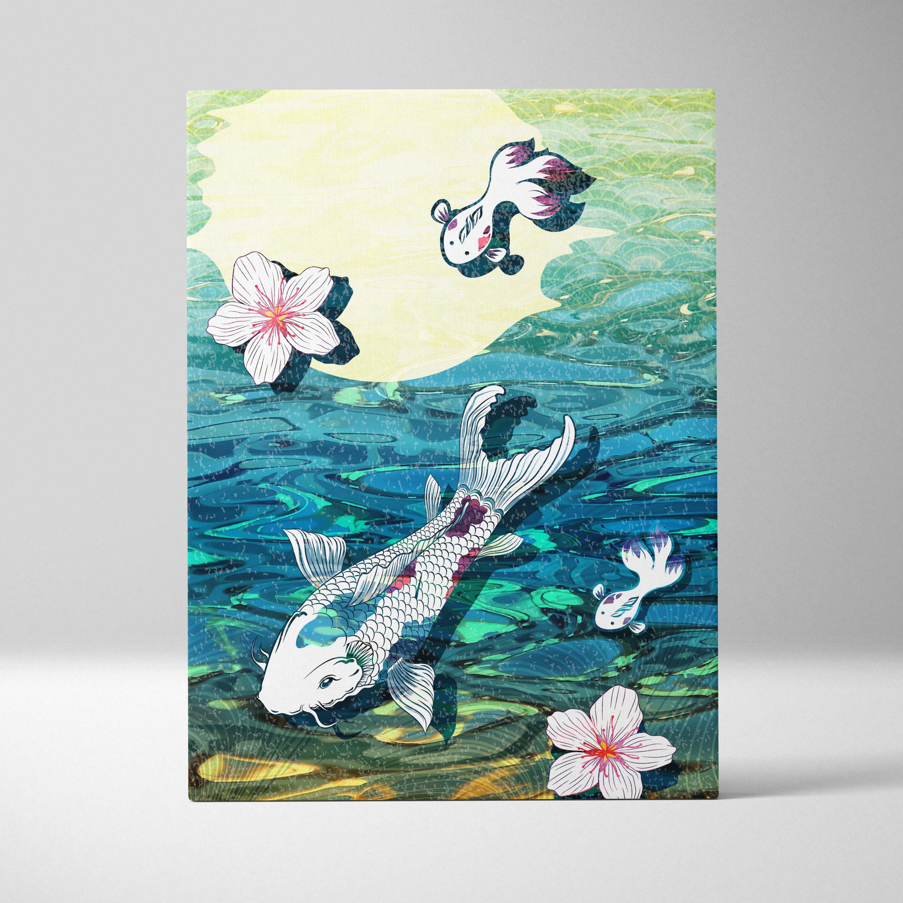 Koi fish pond canvas wall art with white and pink koi swimming among cherry blossoms in teal green japanese style