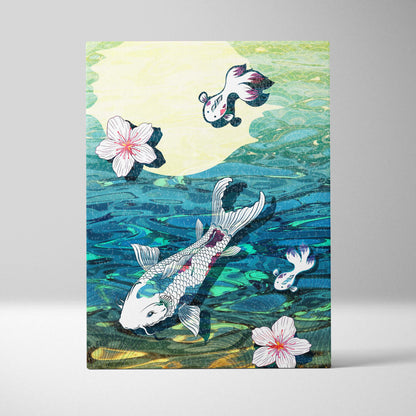 Koi fish pond canvas wall art with white and pink koi swimming among cherry blossoms in teal green japanese style
