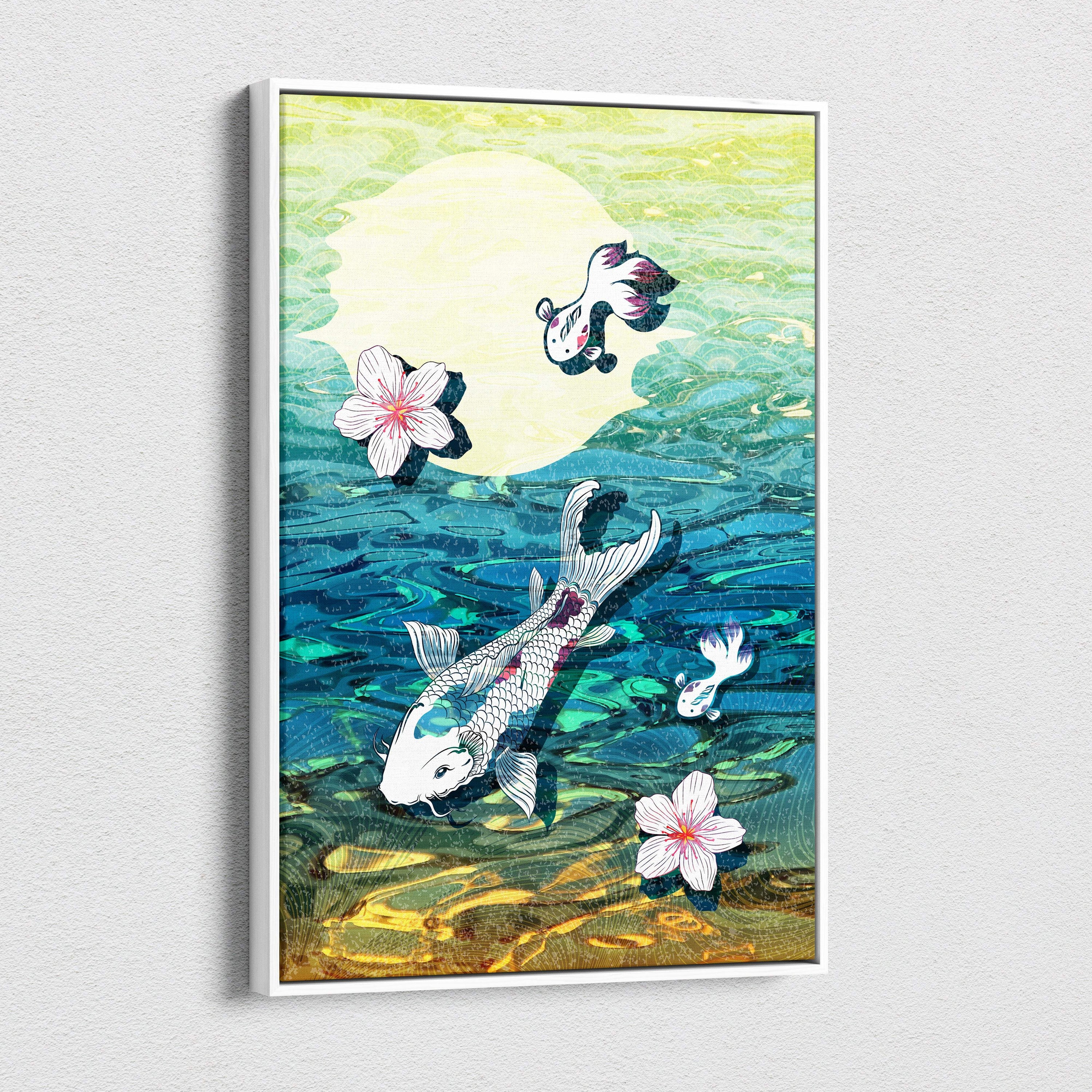 A koi fish pond canvas wall art featuring a stylized koi fish in turquoise water with cherry blossoms and a soft yellow sun