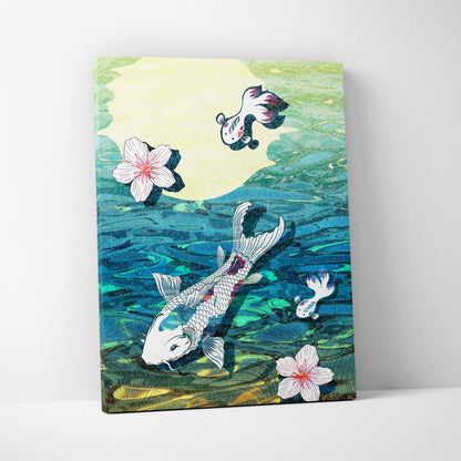 Koi fish pond canvas wall art featuring vibrant koi and cherry blossoms in teal green Japanese tattoo style