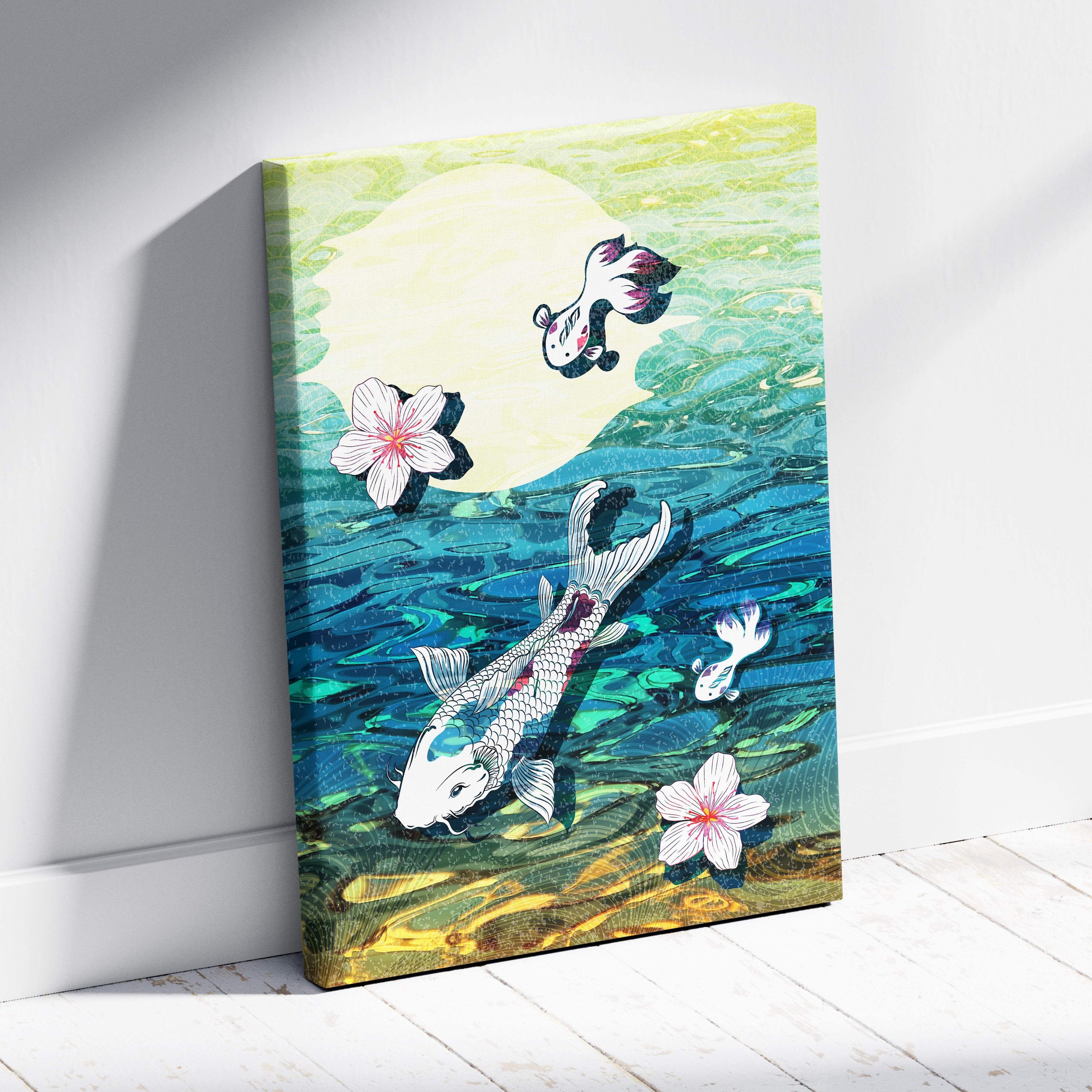 Vibrant koi fish pond canvas wall art with teal green Japanese tattoo style and pink cherry blossoms in turquoise water