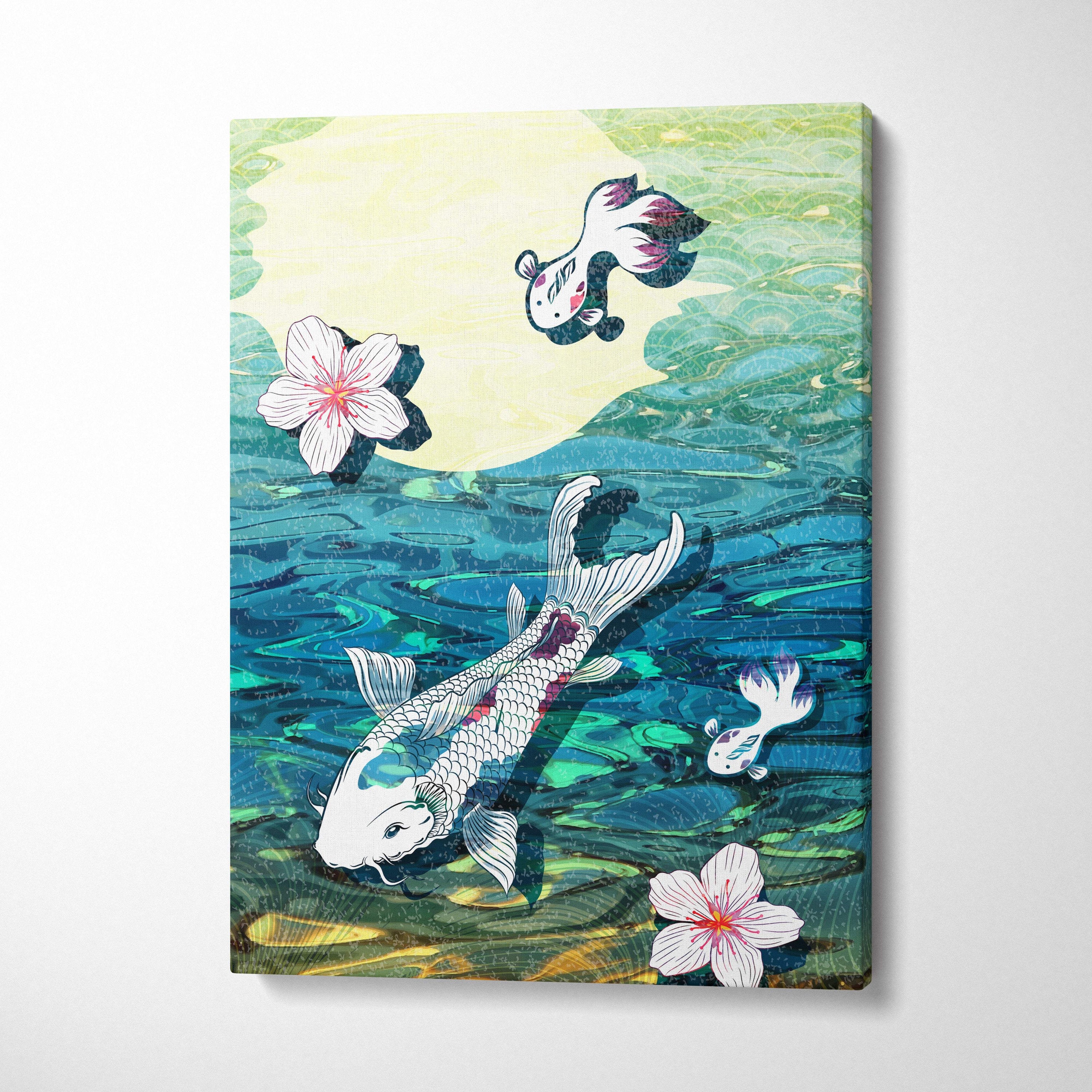 A vibrant koi fish pond canvas wall art in teal green with stylized fish and pink cherry blossoms for zen decor