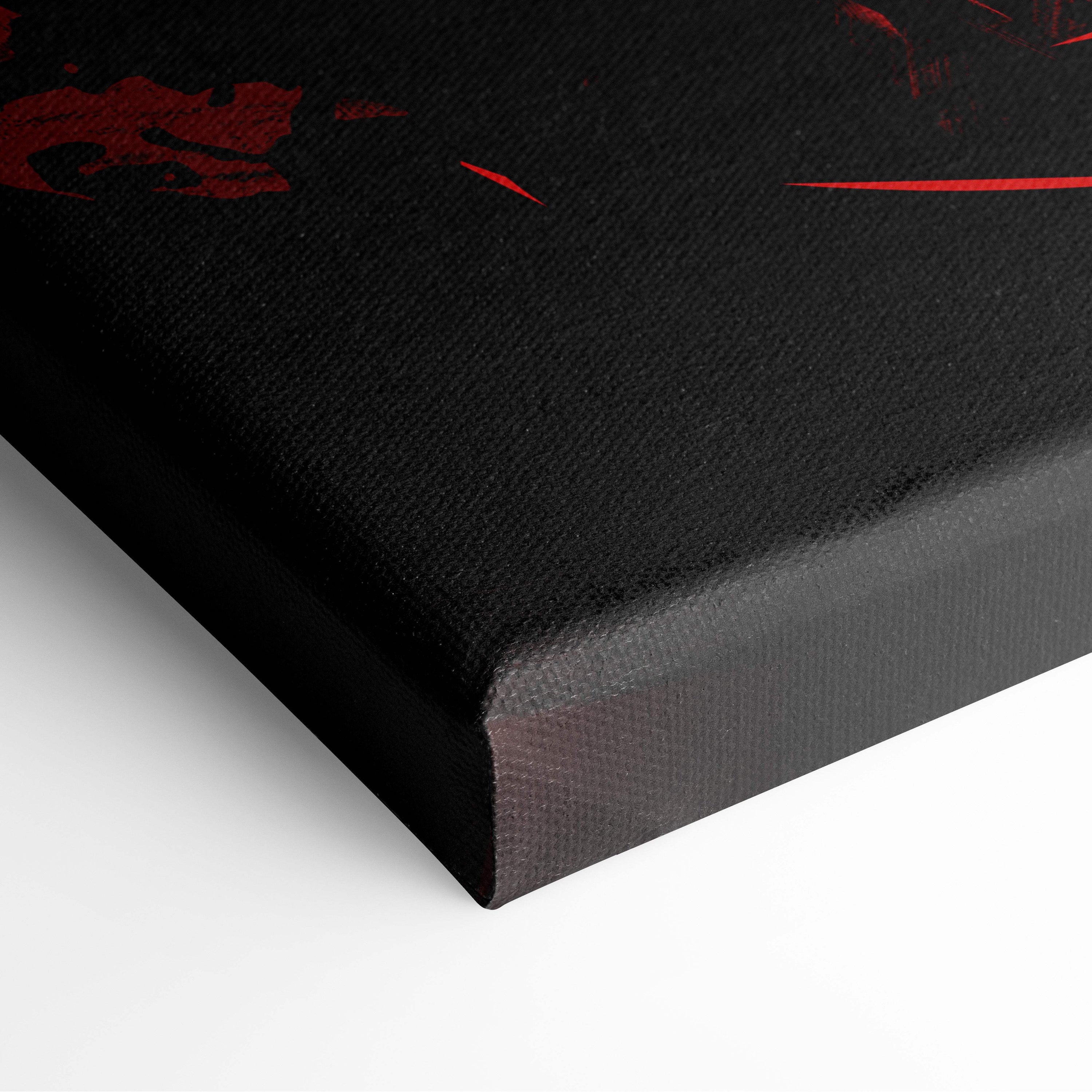 Black canvas print with bold red abstract splatter design for shadow blade warrior dark fantasy wall decor
