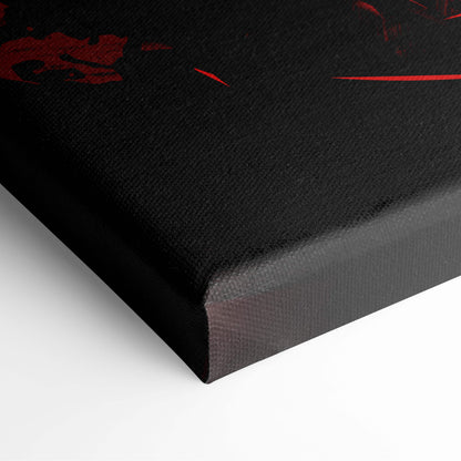 Black canvas print with bold red abstract splatter design for shadow blade warrior dark fantasy wall decor