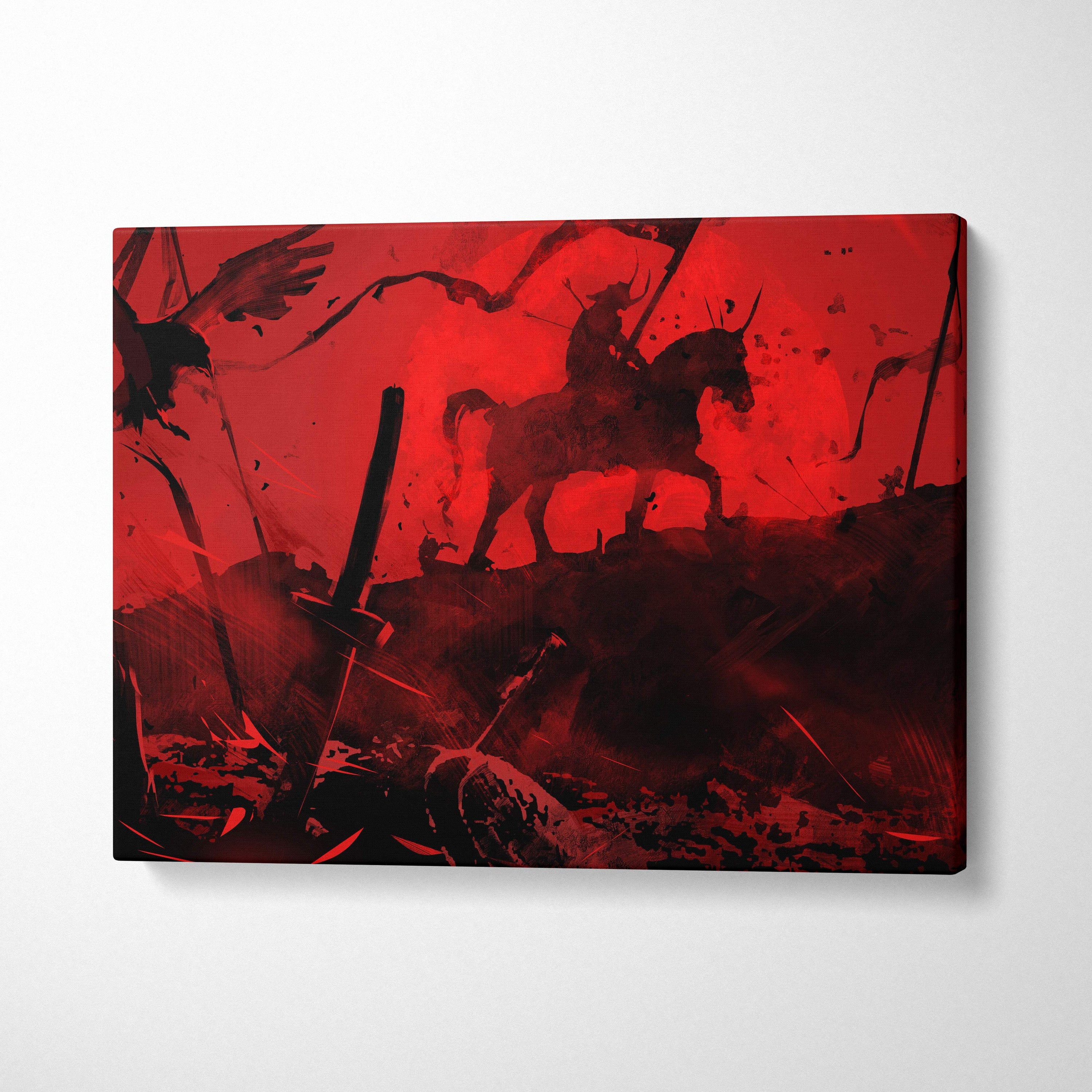 Red and black abstract canvas painting of lone rider on horseback with shadow blade warrior dark fantasy theme