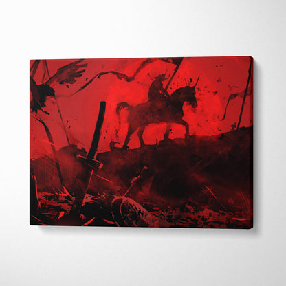 Red and black abstract canvas painting of lone rider on horseback with shadow blade warrior dark fantasy theme