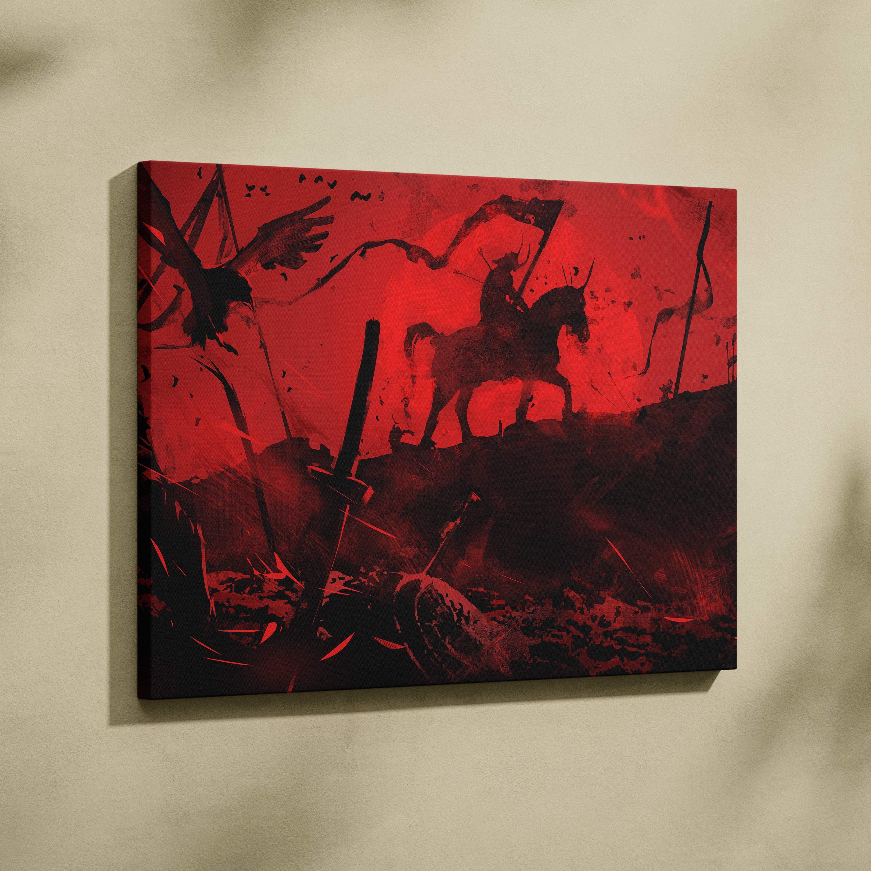 Shadow blade warrior canvas art featuring a bold red and black battle scene with silhouetted horsemen and flags