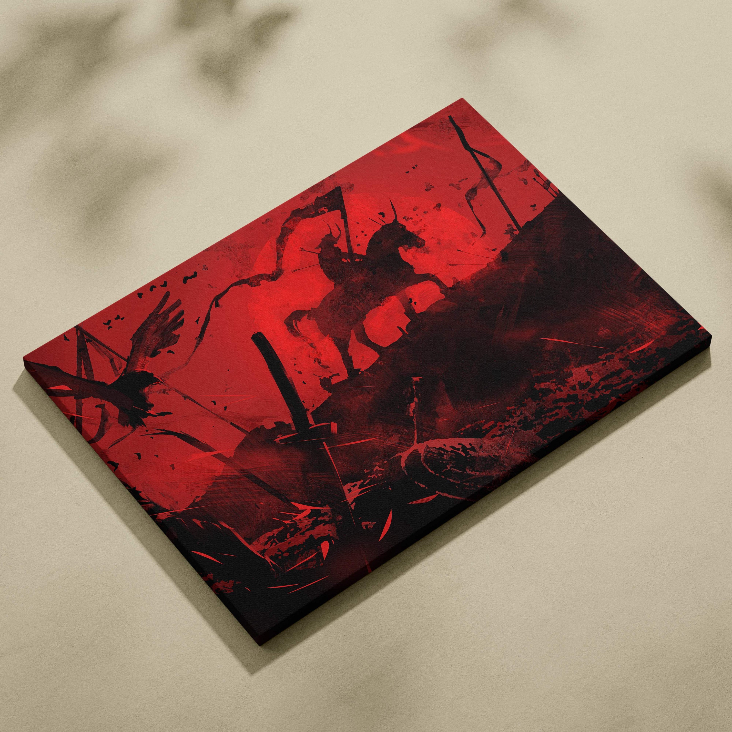 Red and black canvas print of stylized battle scene with silhouetted horsemen for shadow blade warrior wall decor