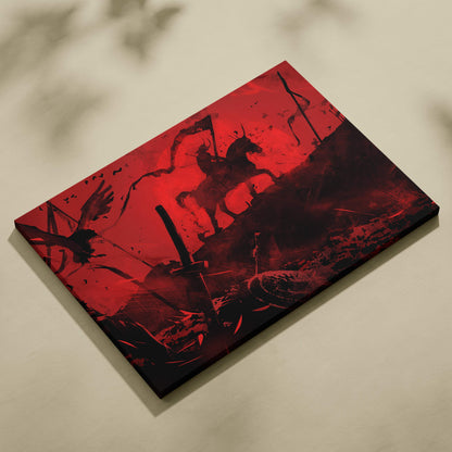 Red and black canvas print of stylized battle scene with silhouetted horsemen for shadow blade warrior wall decor