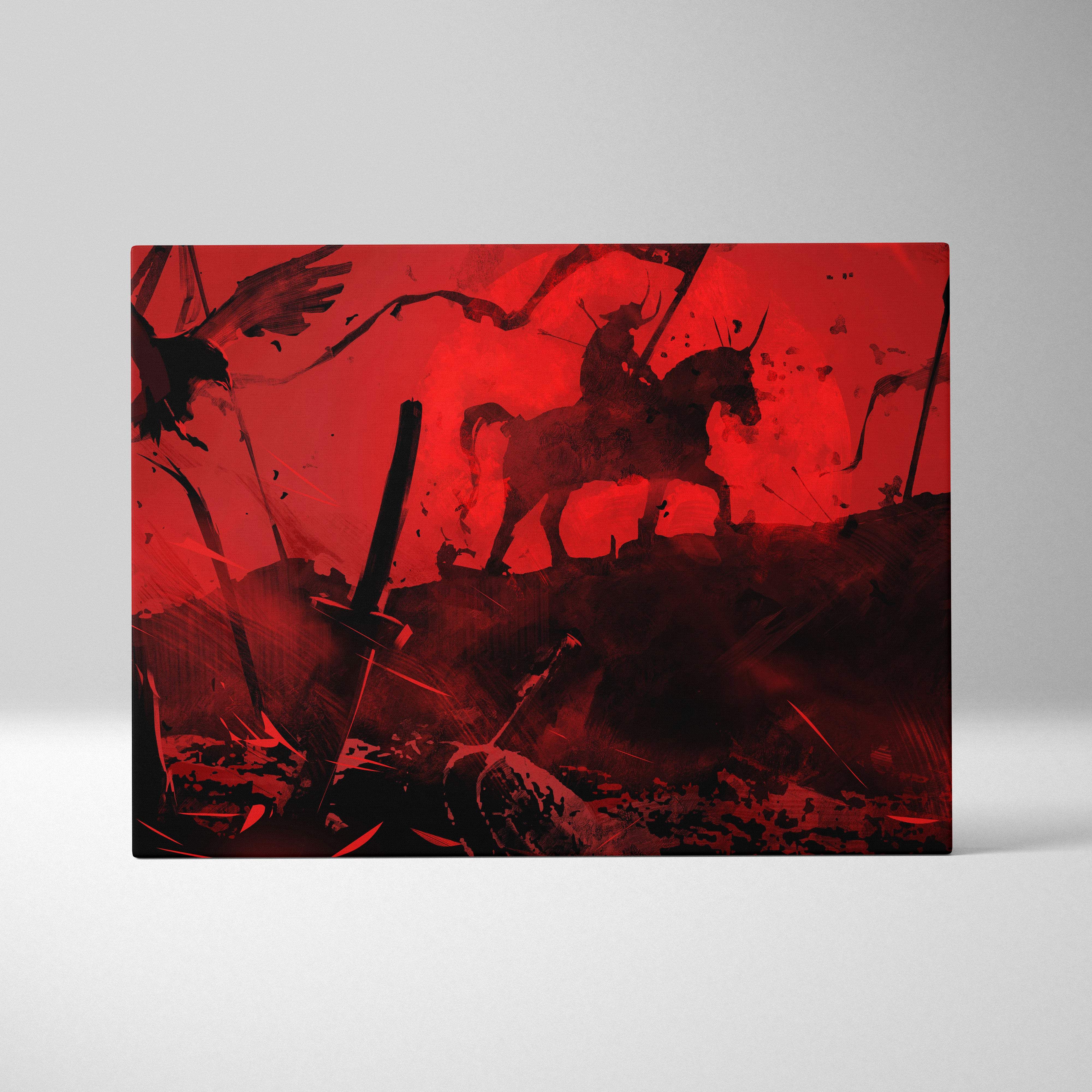 Shadow blade warrior canvas art featuring a red and black battle scene with a hooded knight on horseback and glowing blue sword