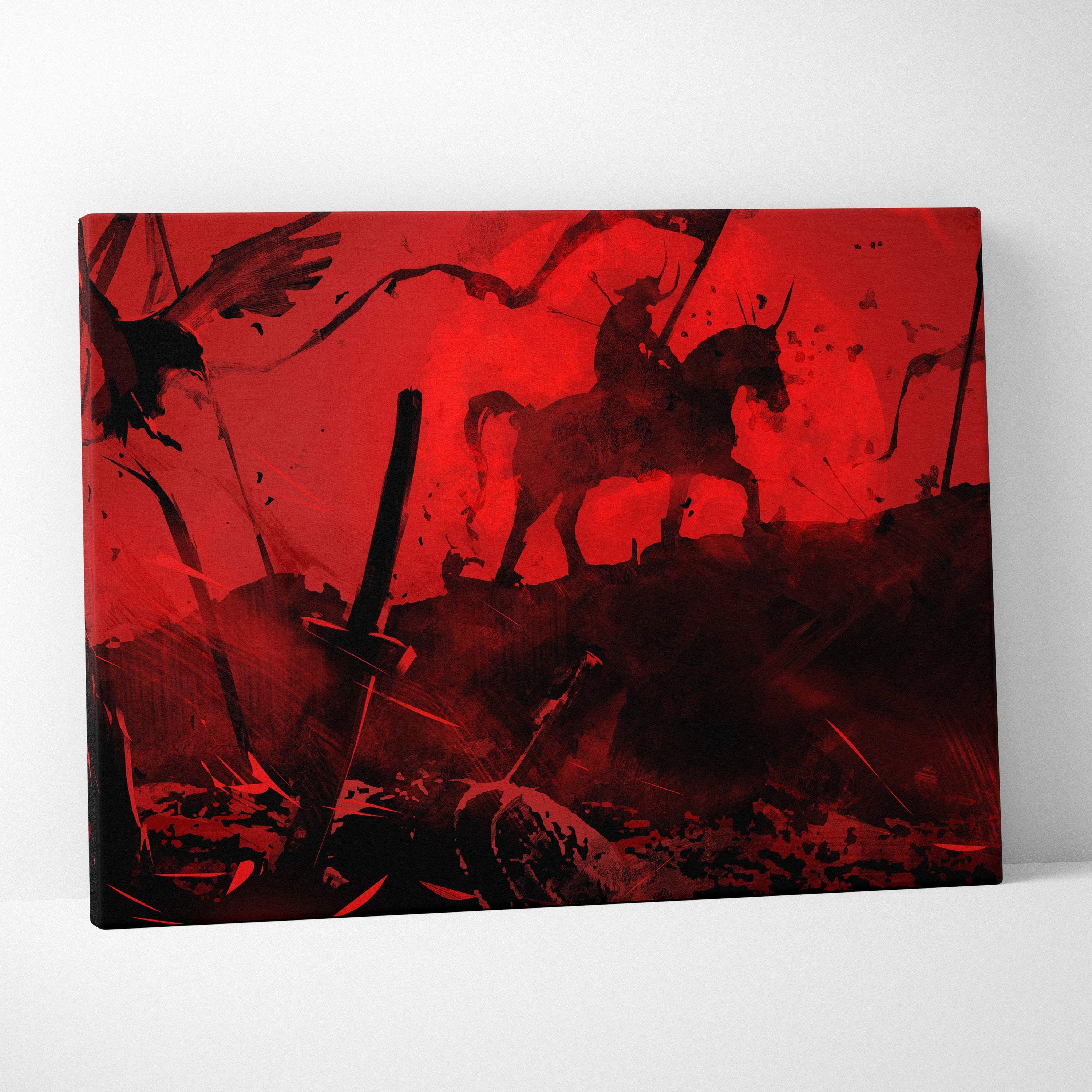 Shadow blade warrior canvas art featuring a red and black dramatic battle scene with hooded knight and glowing blue sword