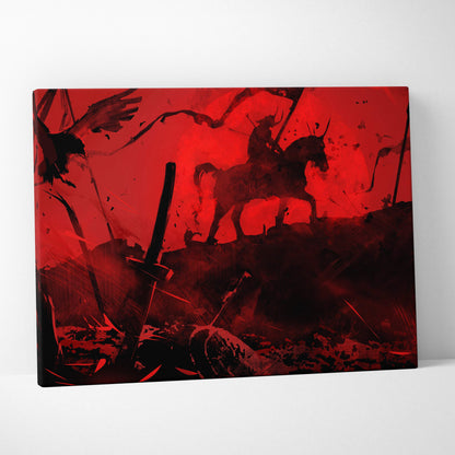 Shadow blade warrior canvas art featuring a red and black dramatic battle scene with hooded knight and glowing blue sword
