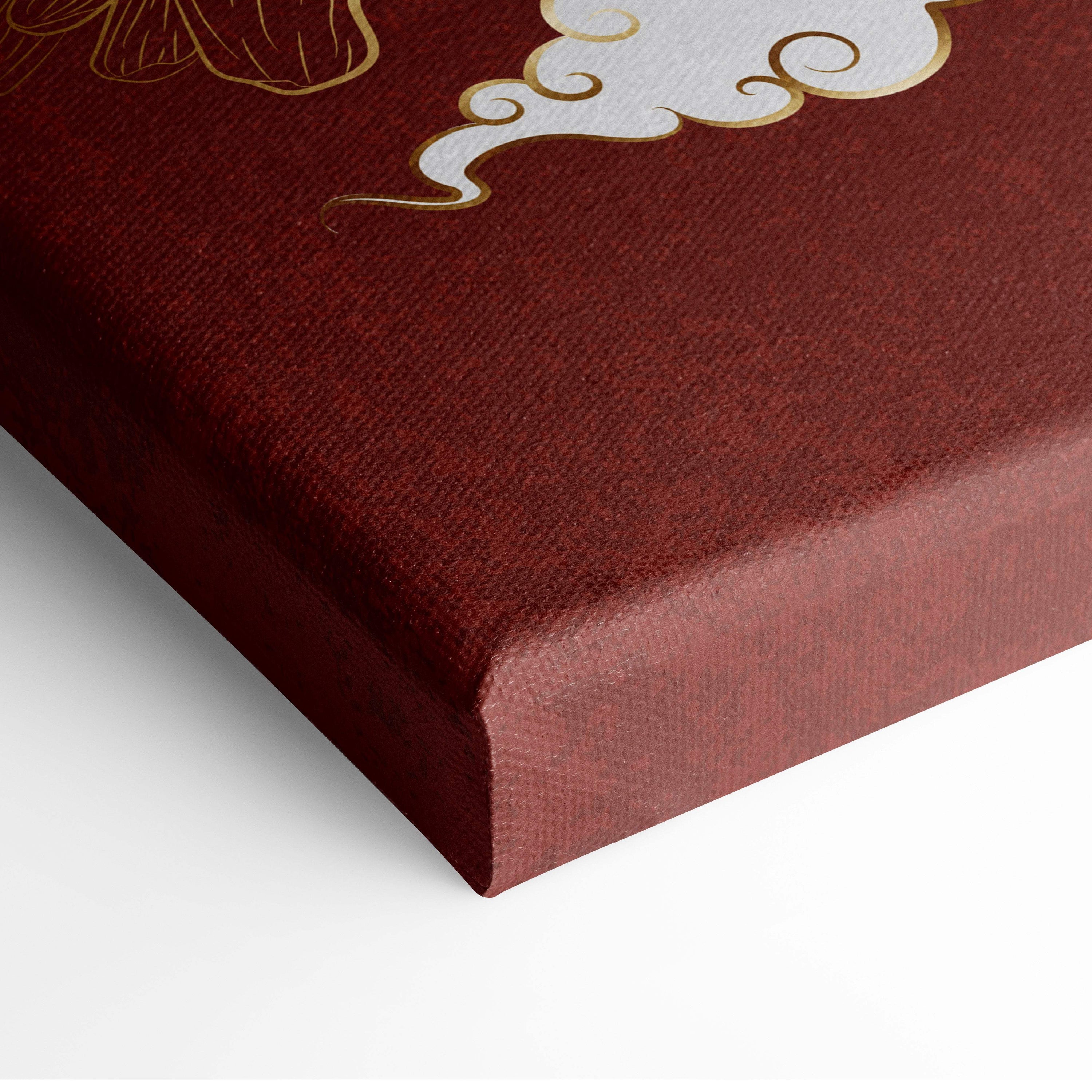 Red japanese dragon canvas wall art featuring intricate gold and white cloud motifs on a rich burgundy canvas