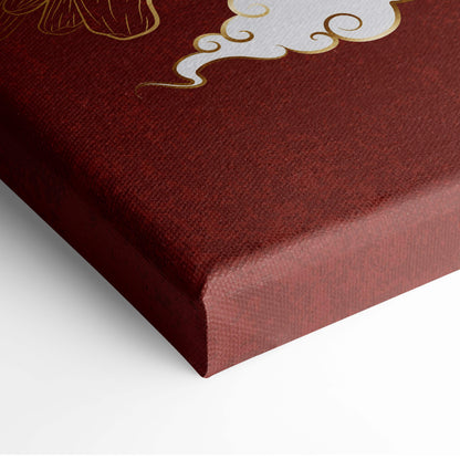 Red japanese dragon canvas wall art featuring intricate gold and white cloud motifs on a rich burgundy canvas