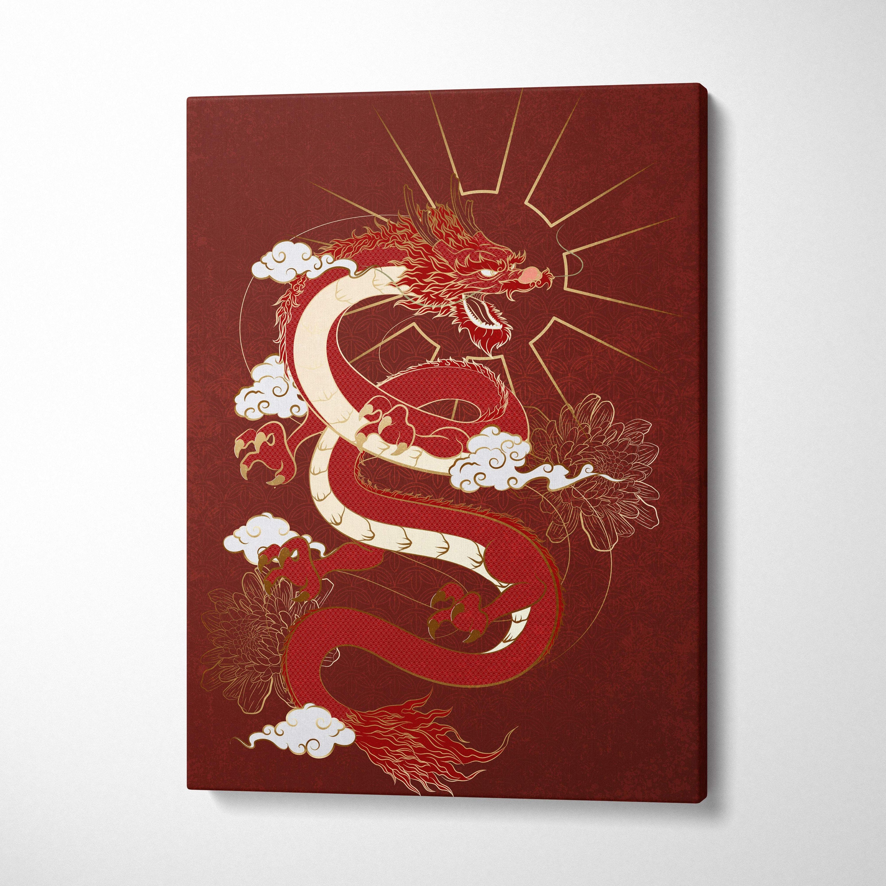 Red japanese dragon canvas wall art featuring a vibrant red and gold dragon on deep maroon fabric for bold decor