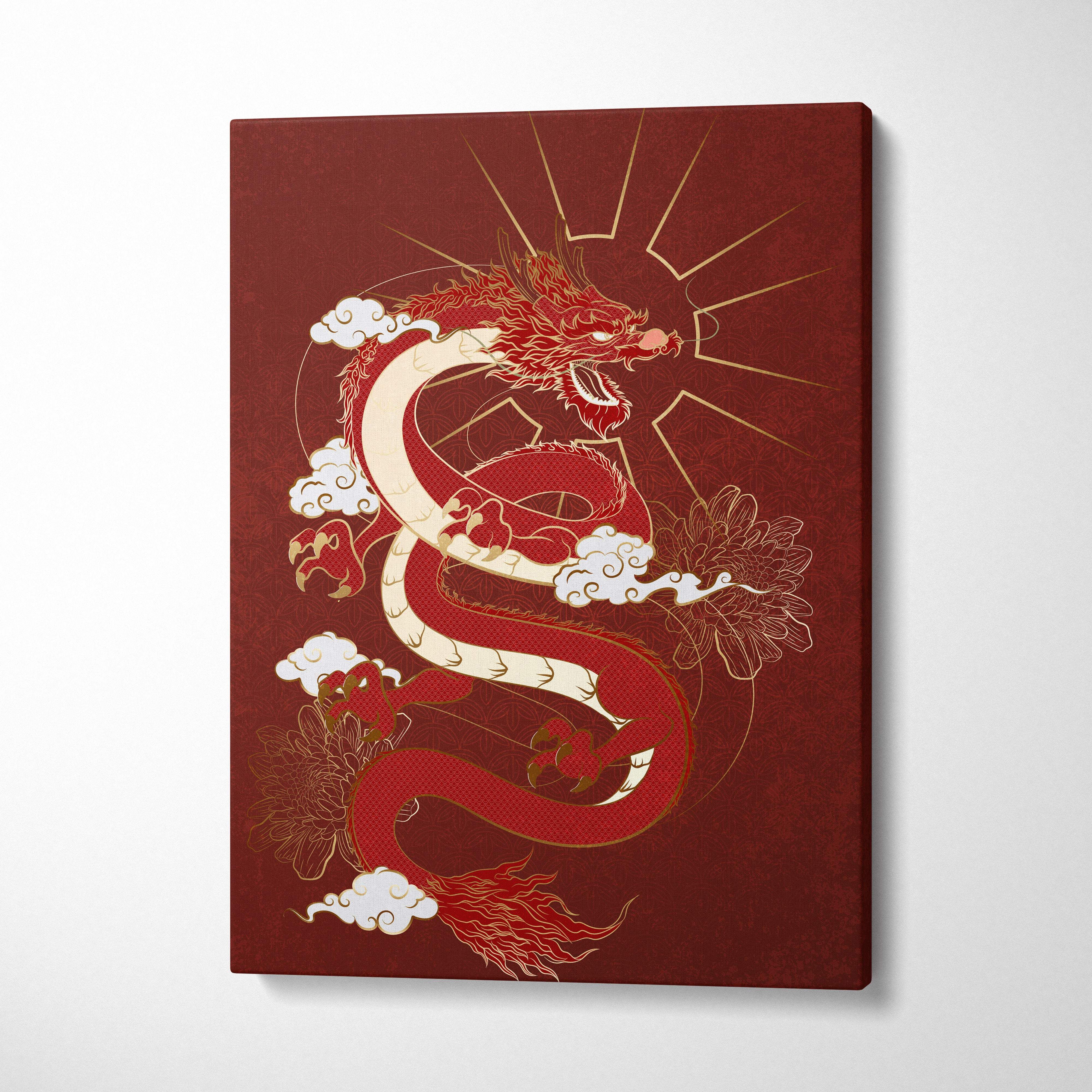 Red japanese dragon canvas wall art featuring a vibrant red and gold dragon on deep maroon fabric for bold decor