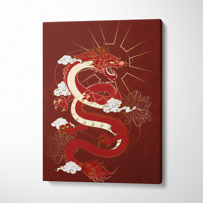 Red japanese dragon canvas wall art featuring a vibrant red and gold dragon on deep maroon fabric for bold decor
