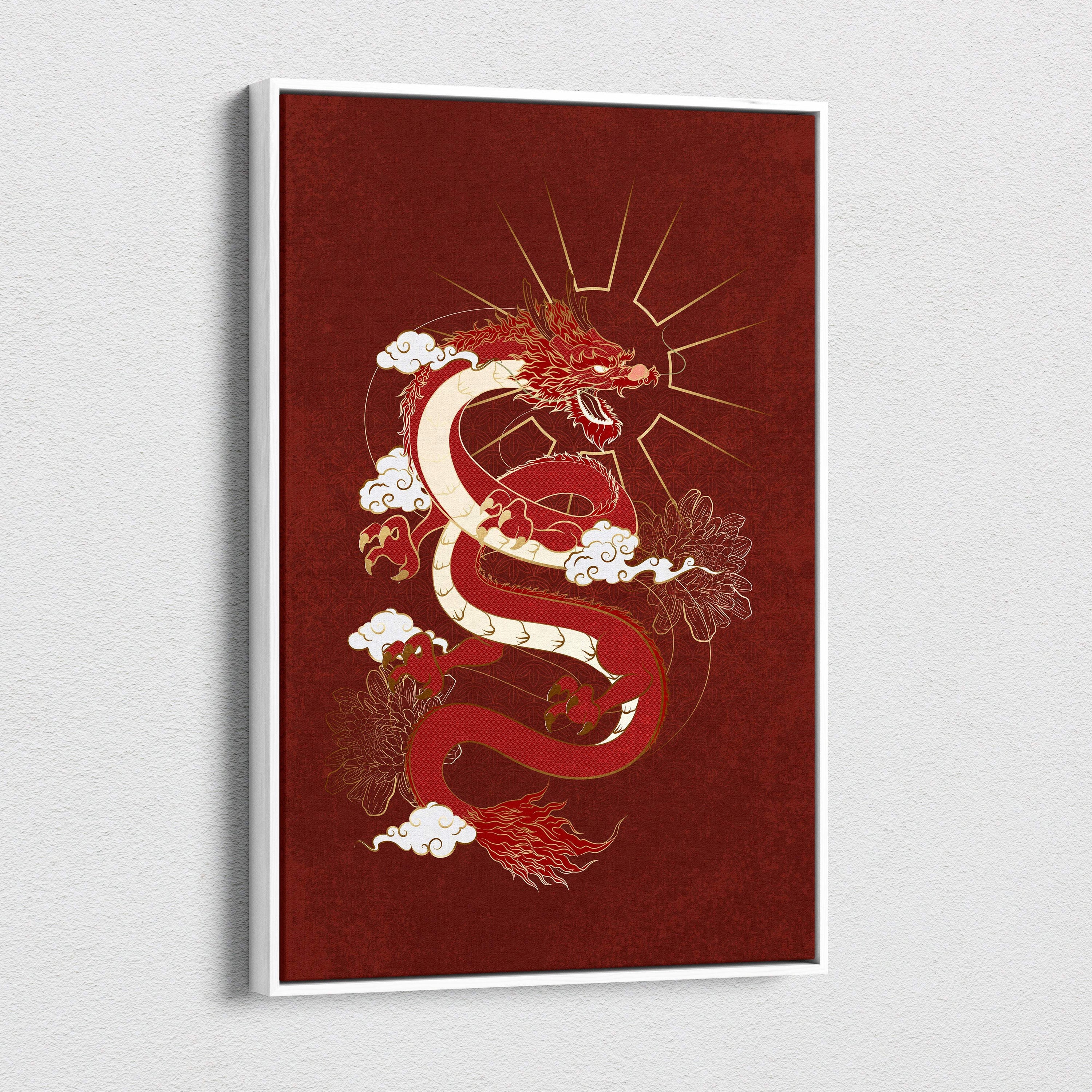 Red Japanese dragon canvas wall art with gold detailing on deep maroon background for game room or bedroom decor