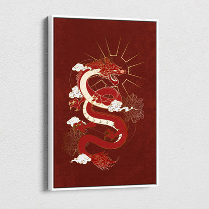 Red Japanese dragon canvas wall art with gold detailing on deep maroon background for game room or bedroom decor