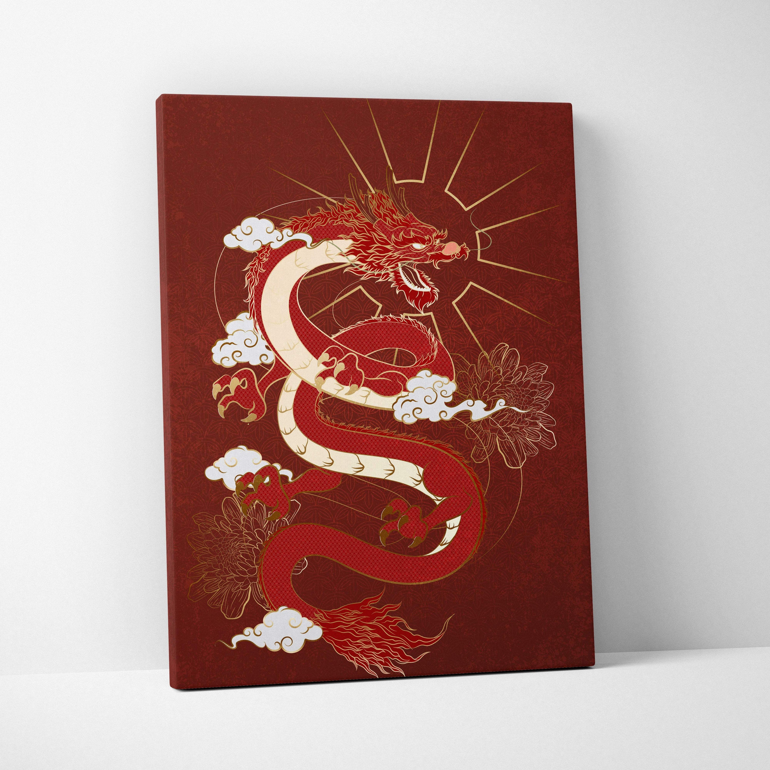 Red Japanese dragon canvas wall art with gold accents and white clouds on deep maroon for bold zen decor