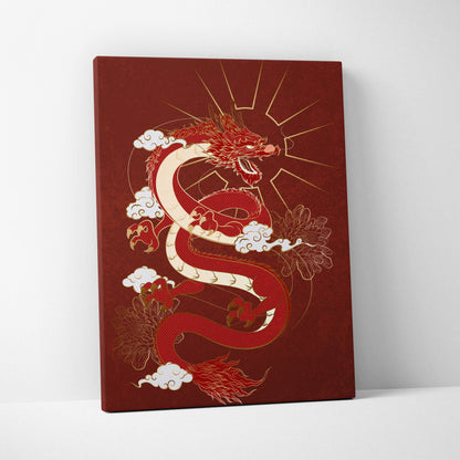 Red Japanese dragon canvas wall art with gold accents and white clouds on deep maroon for bold zen decor